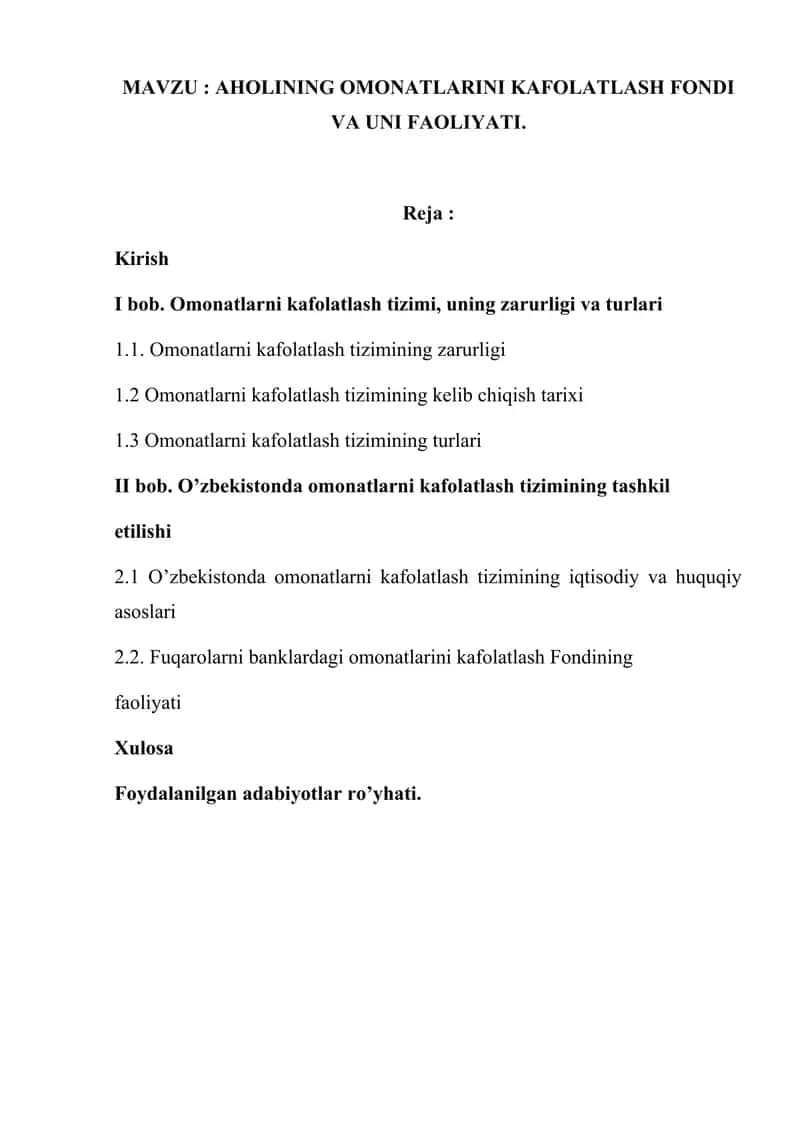 aholining omonatlarini kafolatlash fondi va uni faoliyat 1