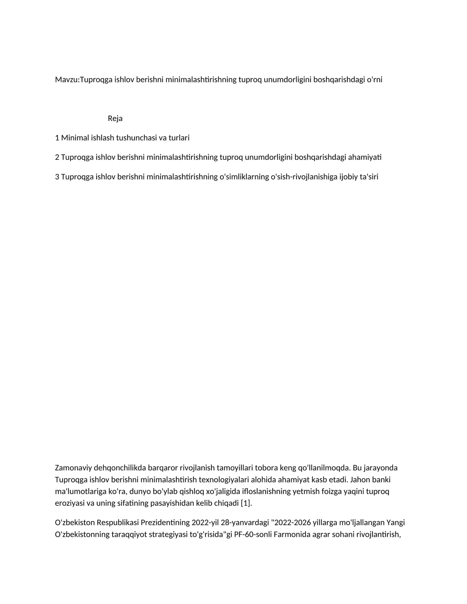 Tuproqga ishlov berishni minimalashtirishning tuproq unumdorligini boshqarishdagi o'rni 1