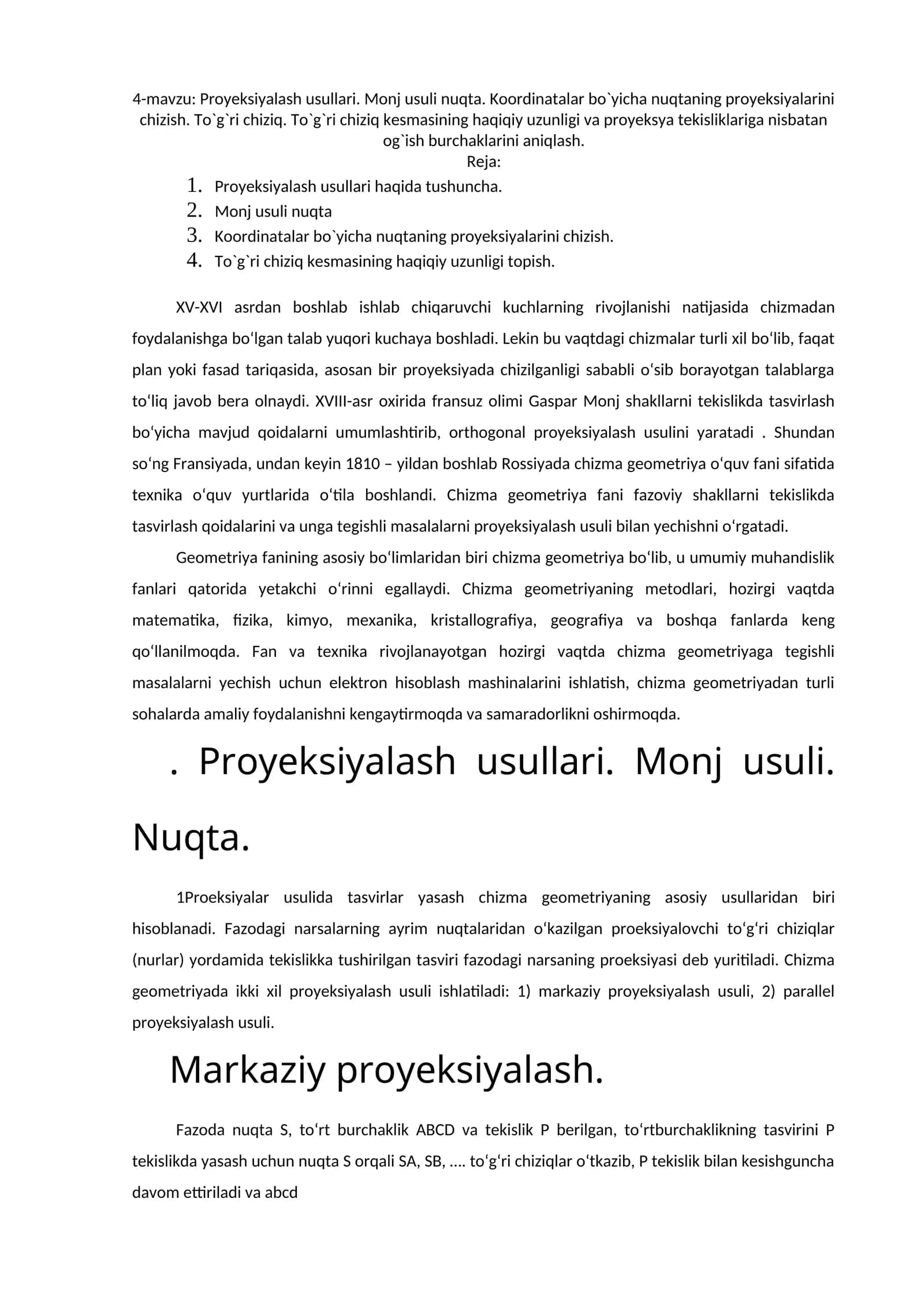 Proyeksiyalash usullari. Monj usuli nuqta 1
