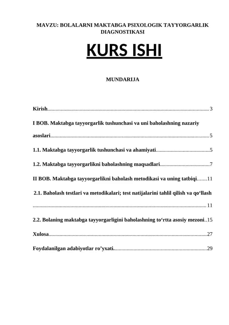 BOLALARNI MAKTABGA PSIXOLOGIK TAYYORGARLIK DIAGNOSTIKASI KURS ISHI 1