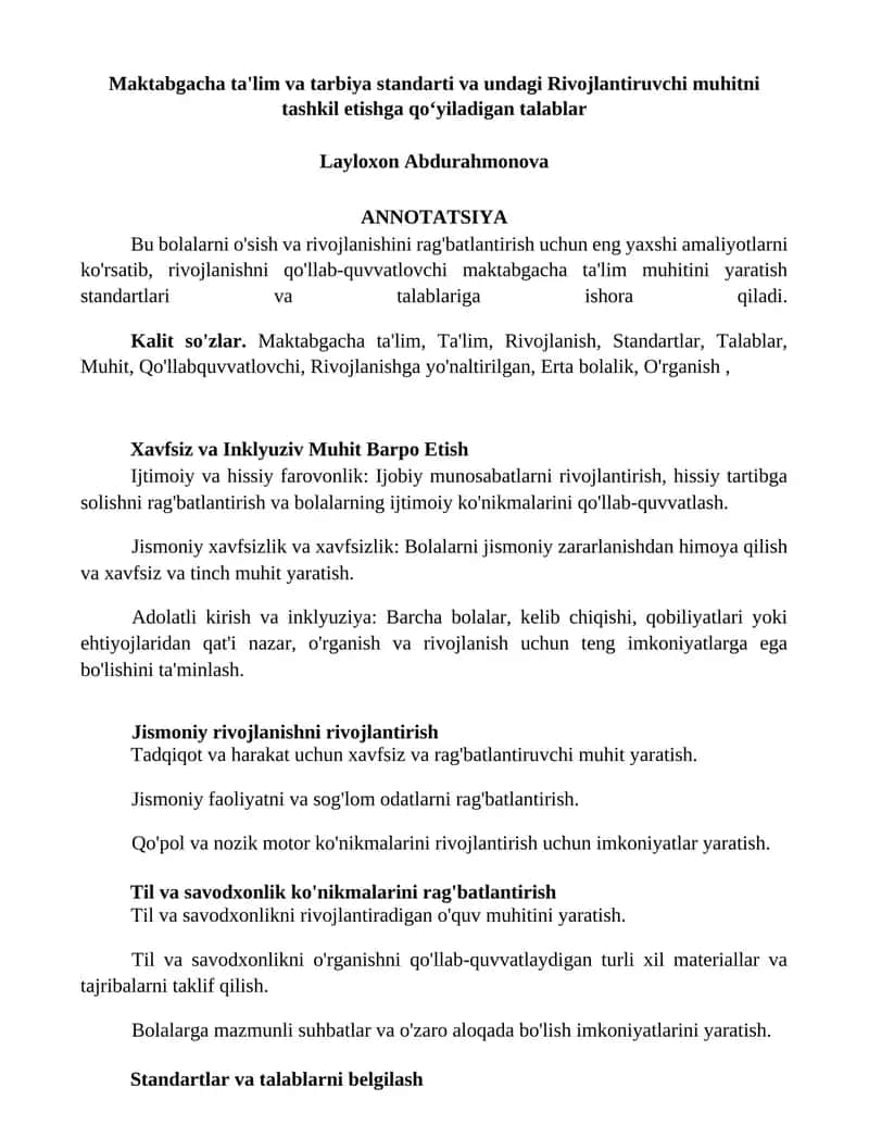 Maktabgacha ta'lim va tarbiya standarti va undagi Rivojlantiruvchi muhitni tashkil etishga qoʻyiladigan talablar 1