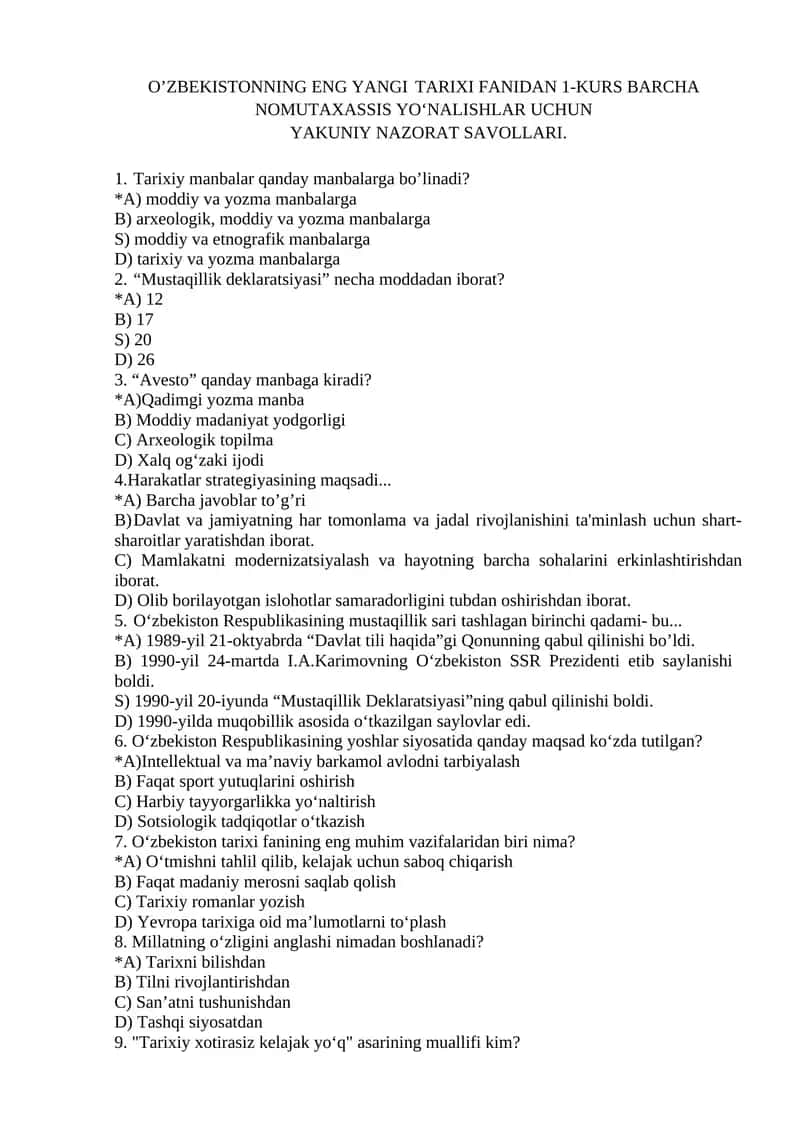 O’ZBEKISTONNING ENG YANGI TARIXI FANIDAN TEST 1