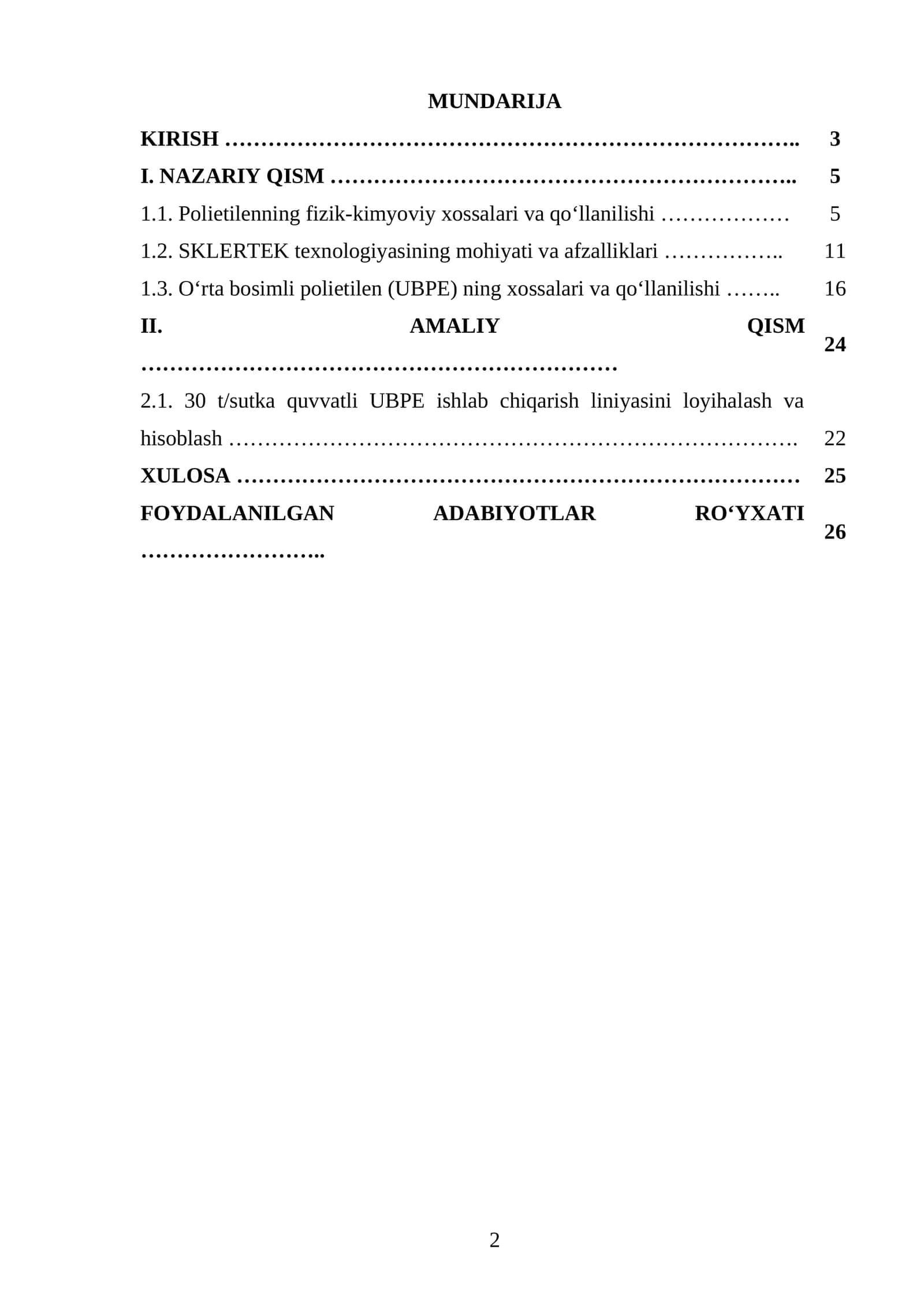 SKLERTEK texnologiyasi boʻyicha quvvati 30 t/sutka boʻlgan oʻrta bosimli polietilen (UBPE) ishlab chiqarish texnologik liniyasini loyihalash 1