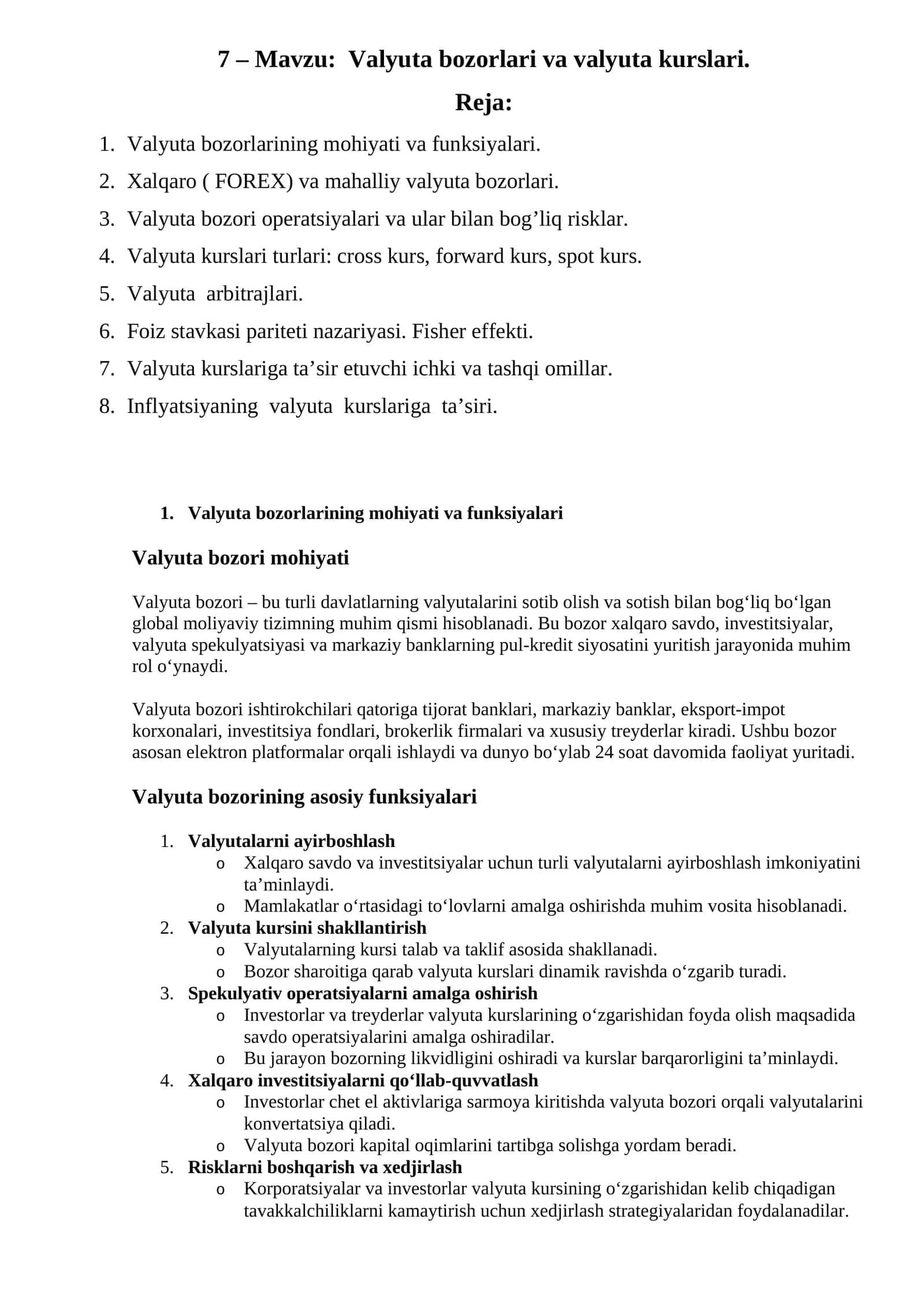Valyuta bozorlari va valyuta kurslari 1