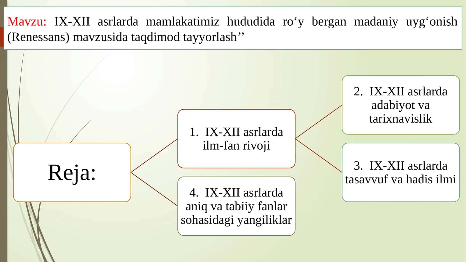 IX-XII asrlardamamlakatimiz hududidaro‘ybergan madaniy uyg‘onish (Renessans) mavzusi dataqdimotlar tayyorlash’’ 1
