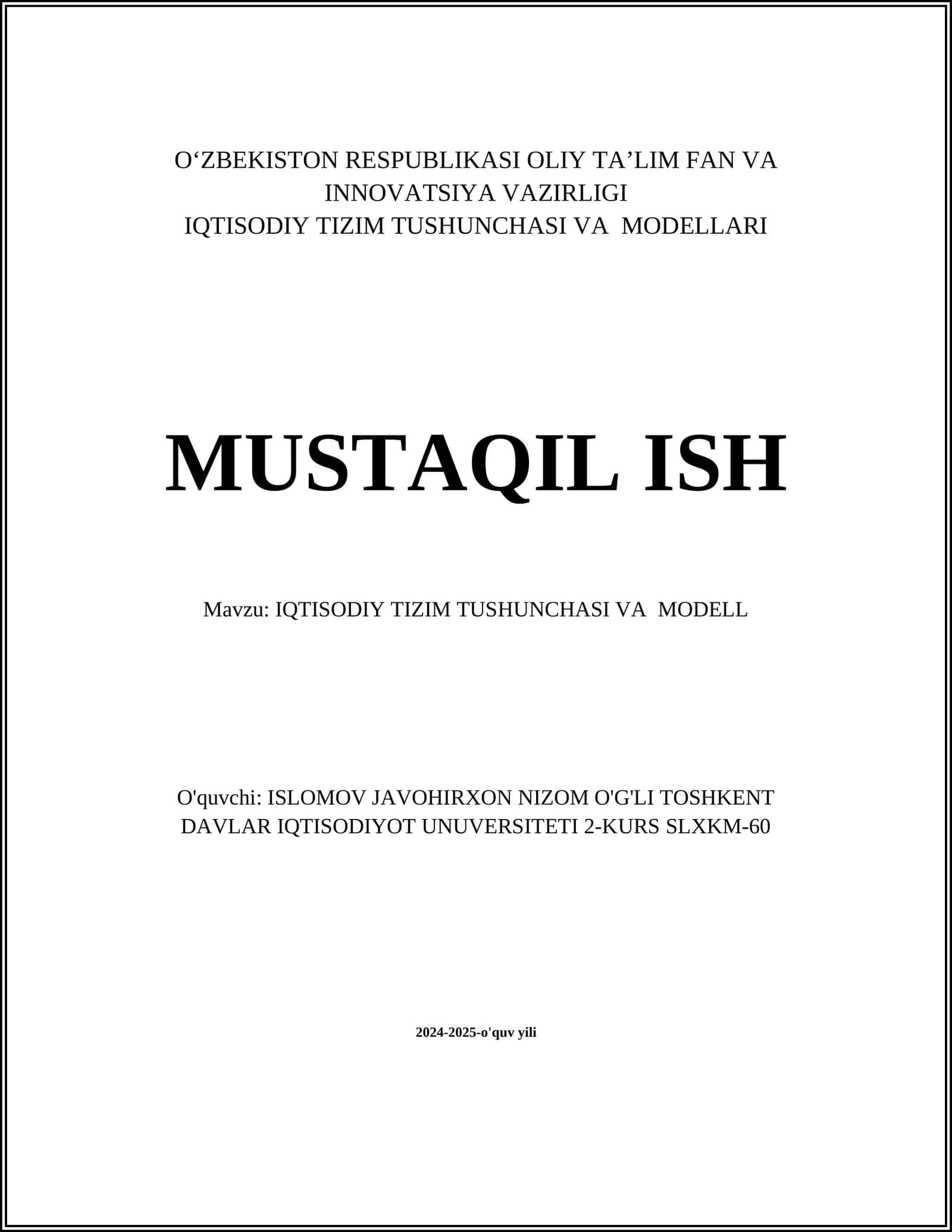IQTISODIY TIZIM TUSHUNCHASI VA MODELL 1