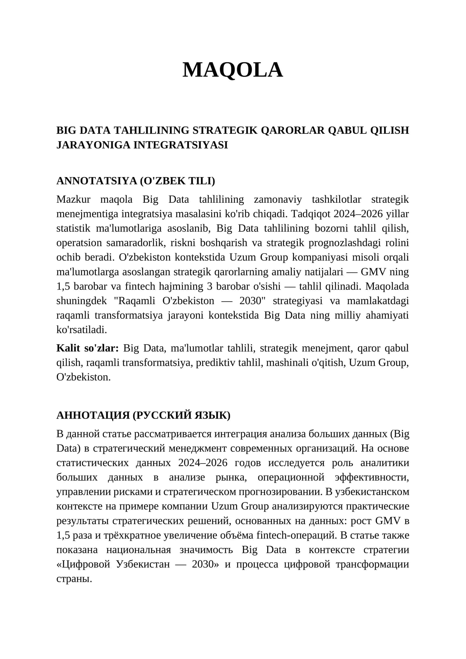 Big Data tahlilining strategik qarorlar qabul qilish jarayoniga integratsiyasi 1