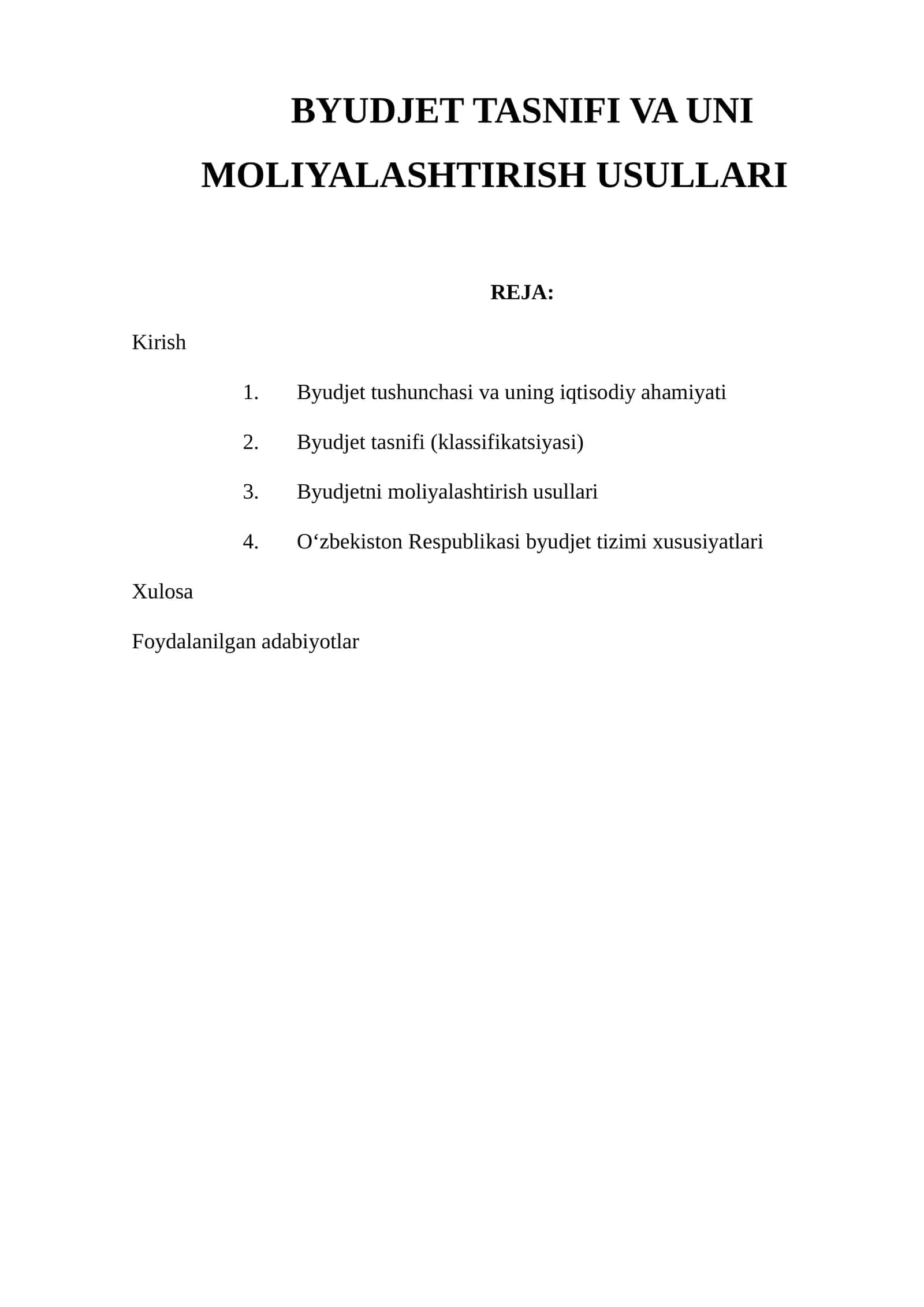 BYUDJET TASNIFI VA UNI MOLIYALASHTIRISH USULLARI 1