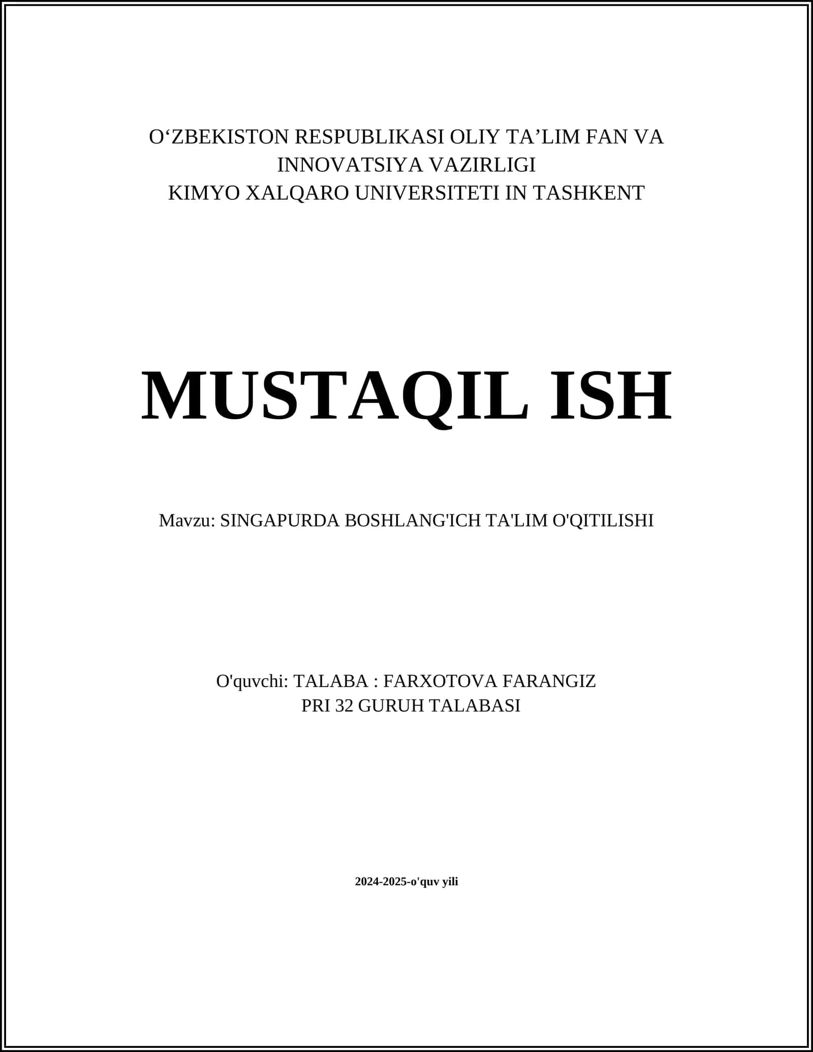 SINGAPURDA BOSHLANG'ICH TA'LIM O'QITILISHI 1