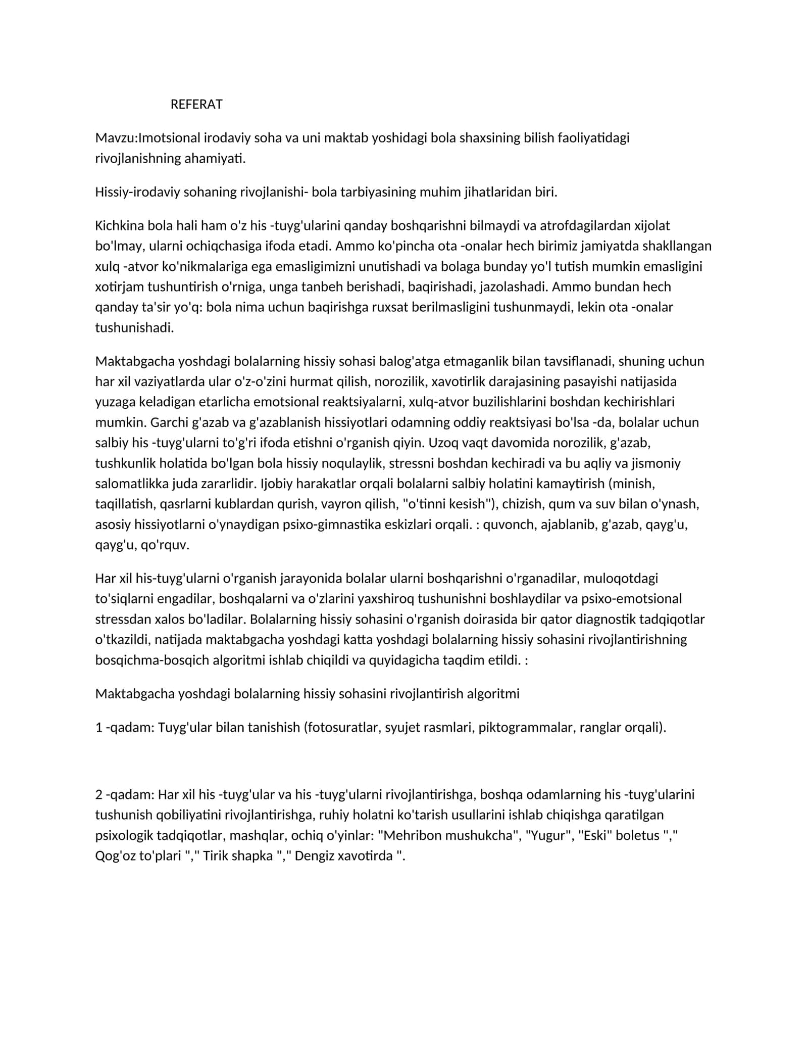 Imotsional irodaviy soha va uni maktab yoshidagi bola shaxsining bilish faoliyatidagi rivojlanishning ahamiyati 1