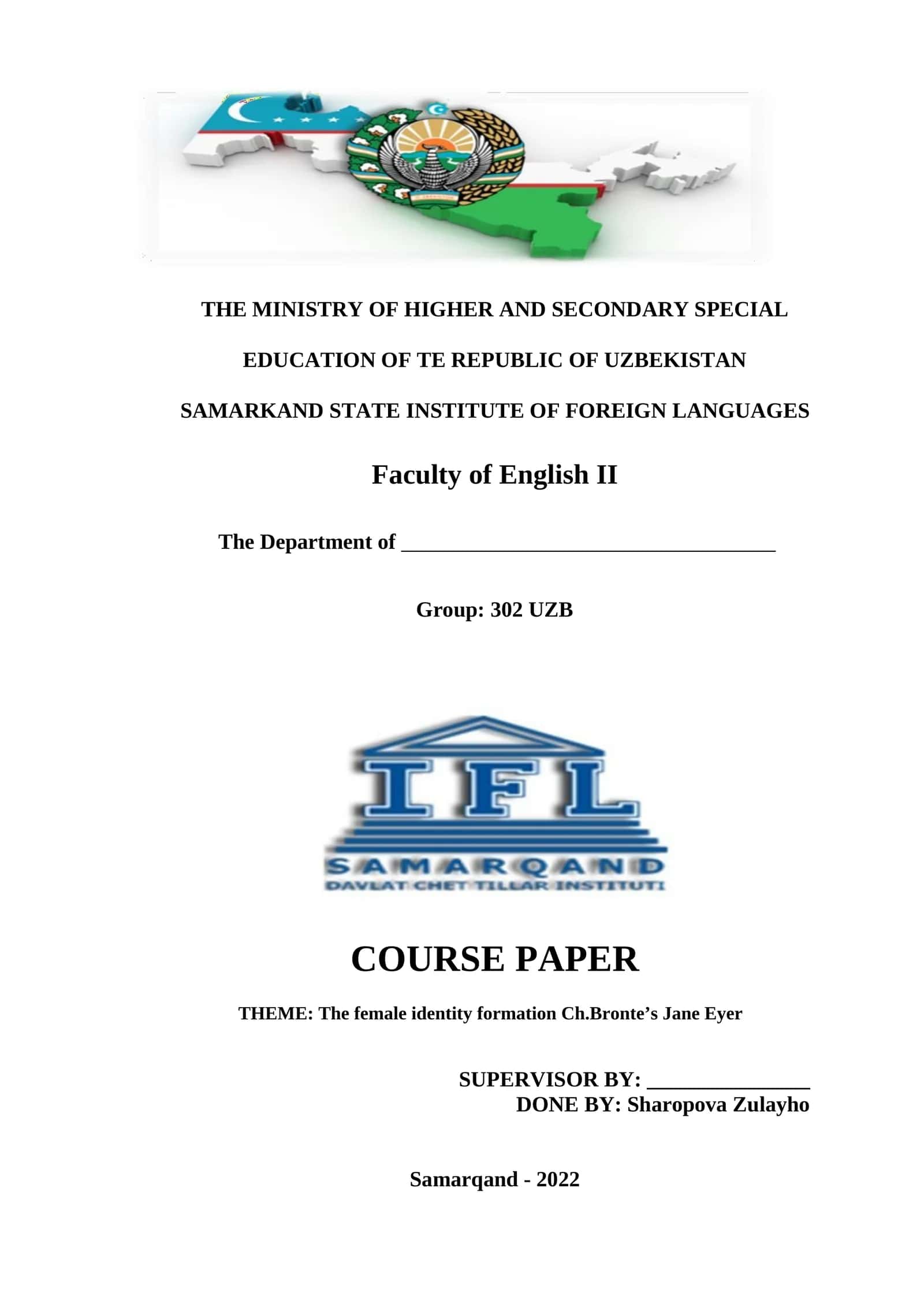 COURSE PAPER THEME: The female identity formation Ch.Bronte’s Jane Eyer 1