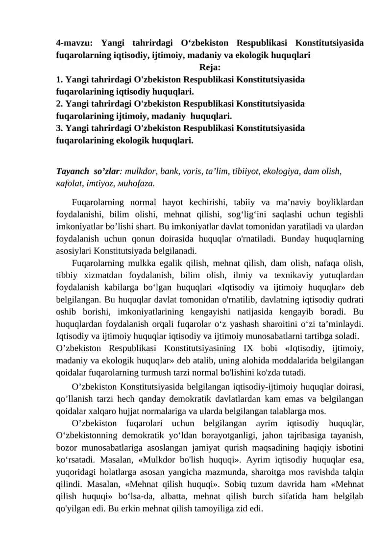 O‘zbekiston Respublikasi Konstitutsiyasida Fuqarolarning Iqtisodiy, Ijtimoiy, Madaniy va Ekologik Huquqlari 1