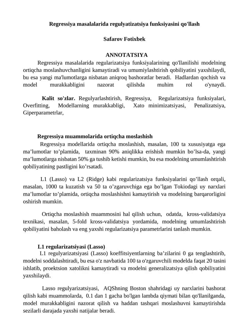 Regressiya masalalarida regulyatizatsiya funksiyasini qo'llash 1