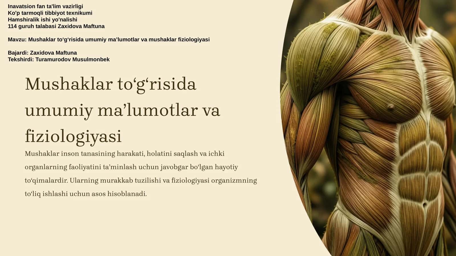 Mushaklar toʻgʻrisida umumiy maʼlumotlar va fiziologiyasi 1