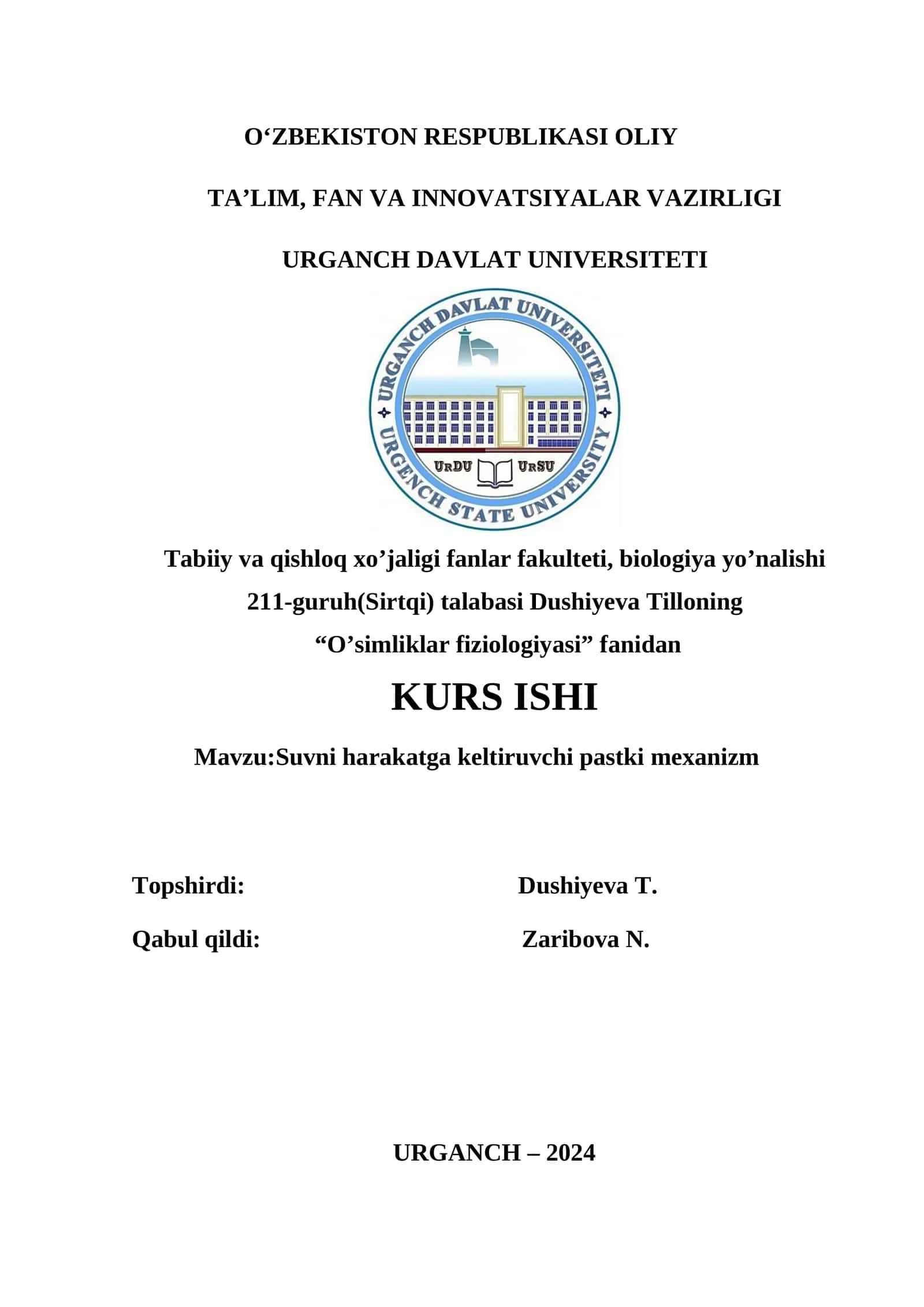 O‘simliklar fiziologiyasi fanidan KURS isHi 1