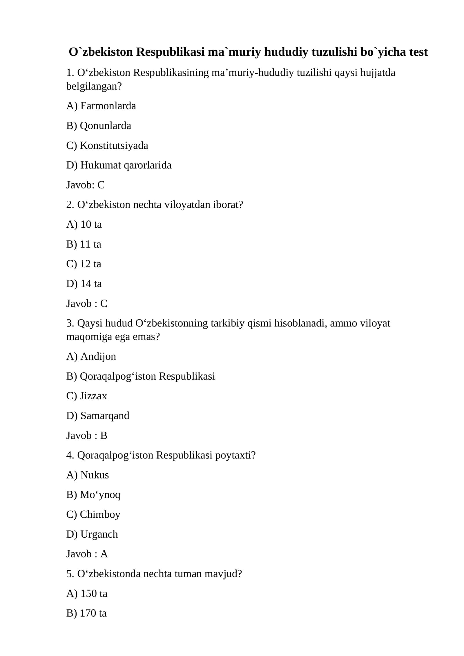 O`zbekiston Respublikasi ma`muriy hududiy tuzulishi bo`yicha test 1
