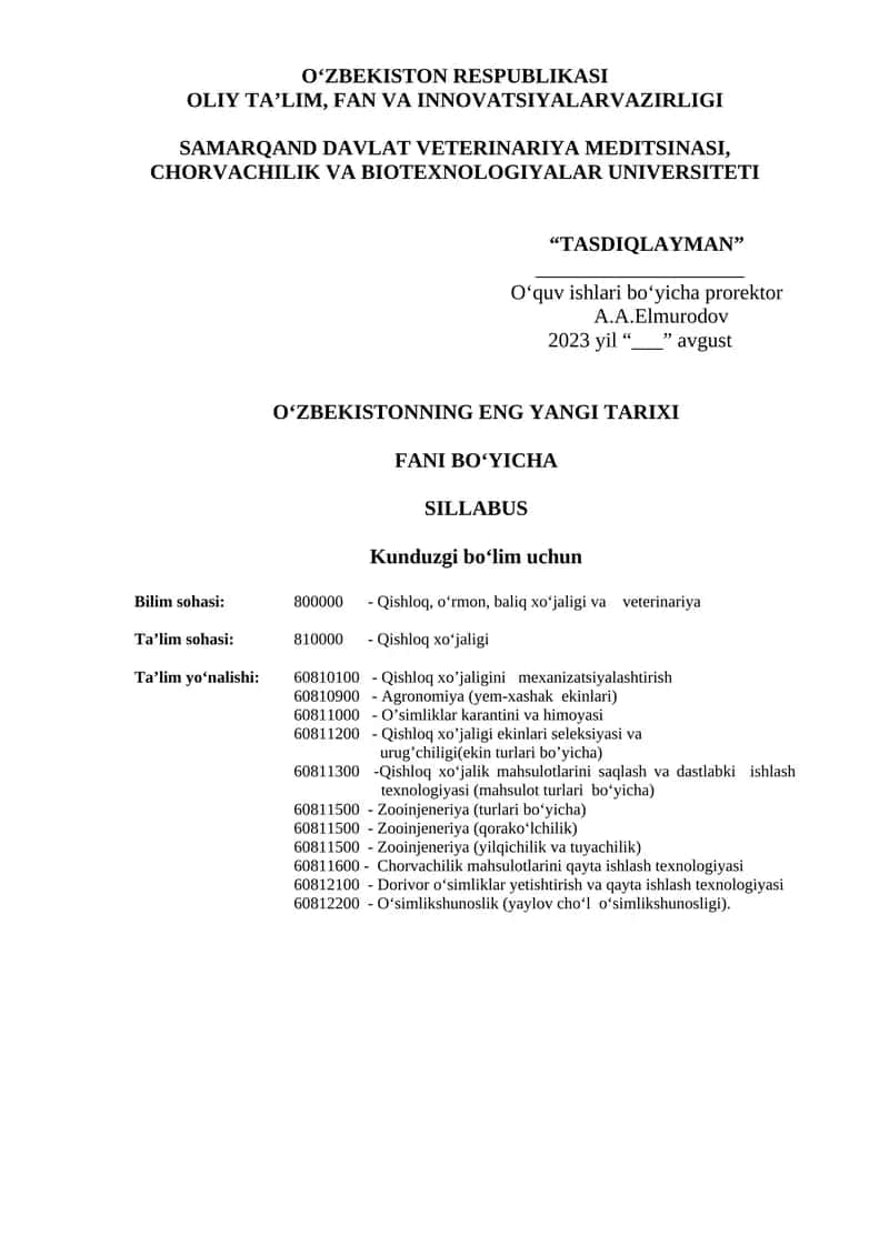 O'ZBEKISTONNING ENG YANGI TARIXI FANI BOʻYICHA 1
