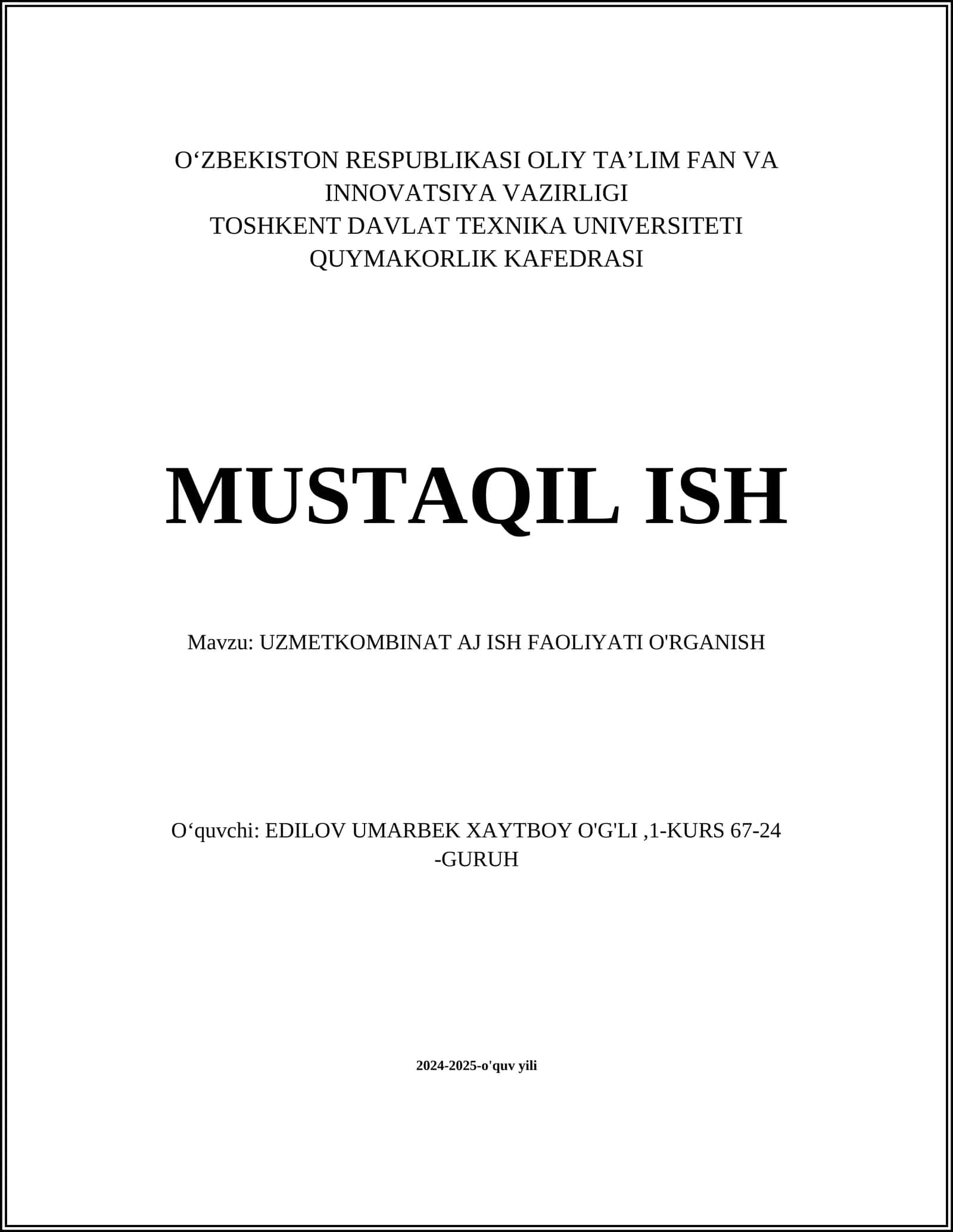 UZMETKOMBINAT AJ ISH FAOLIYATI O'RGANISH 1