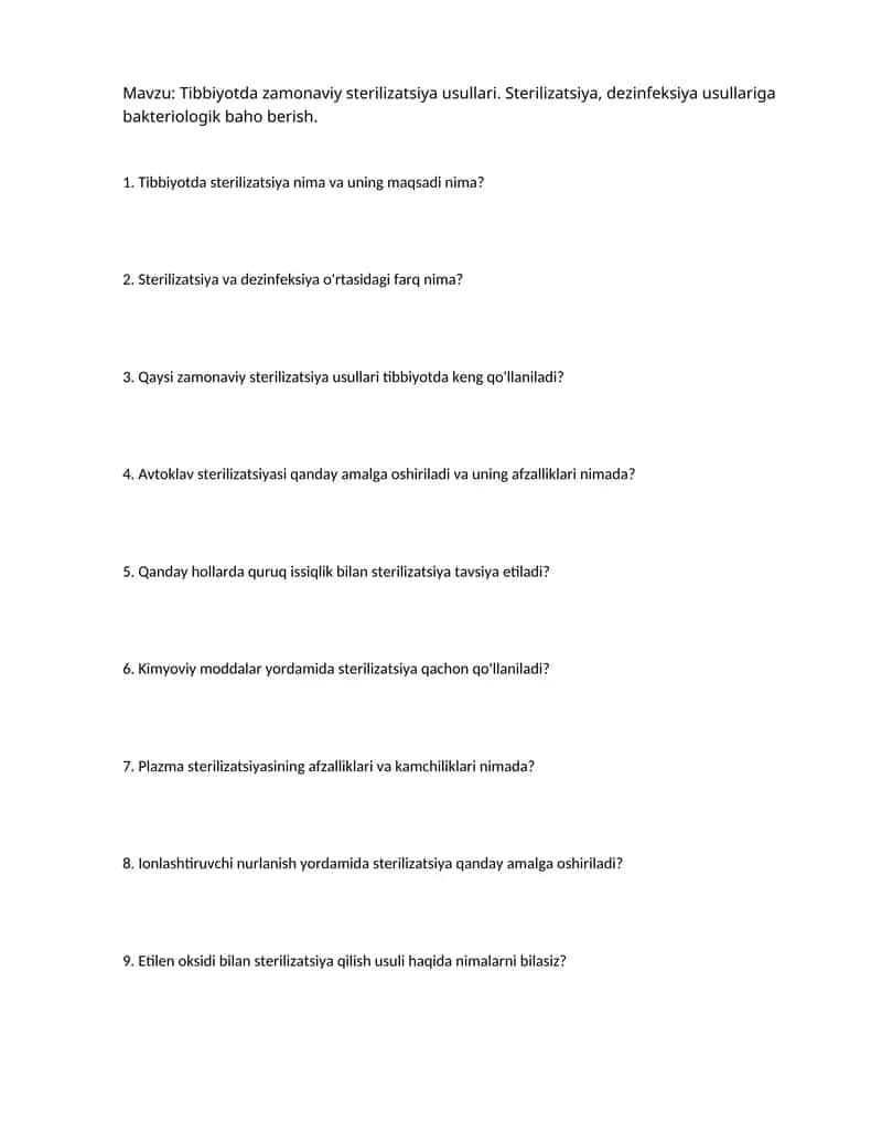 Tibbiyotda zamonaviy sterilizatsiya usullari. Sterilizatsiya, dezinfeksiya usullariga bakteriologik 1