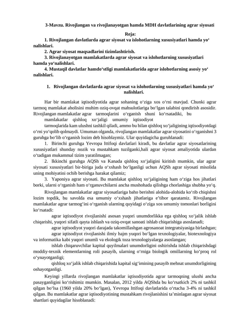 Rivojlangan va rivojlanayotgan hamda MDH davlatlarining agrar siyosati 1