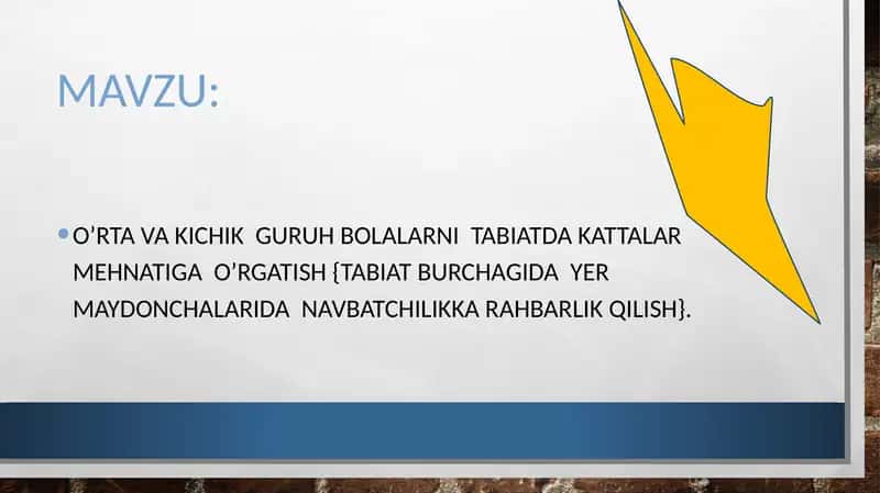 O'rta va kichik guruh bolalarni tabiatda kattalar mehnatimga o'rgatish (tabiat burchagida yer maydonchalarida navbatchilikka rahbarlik qilish 1