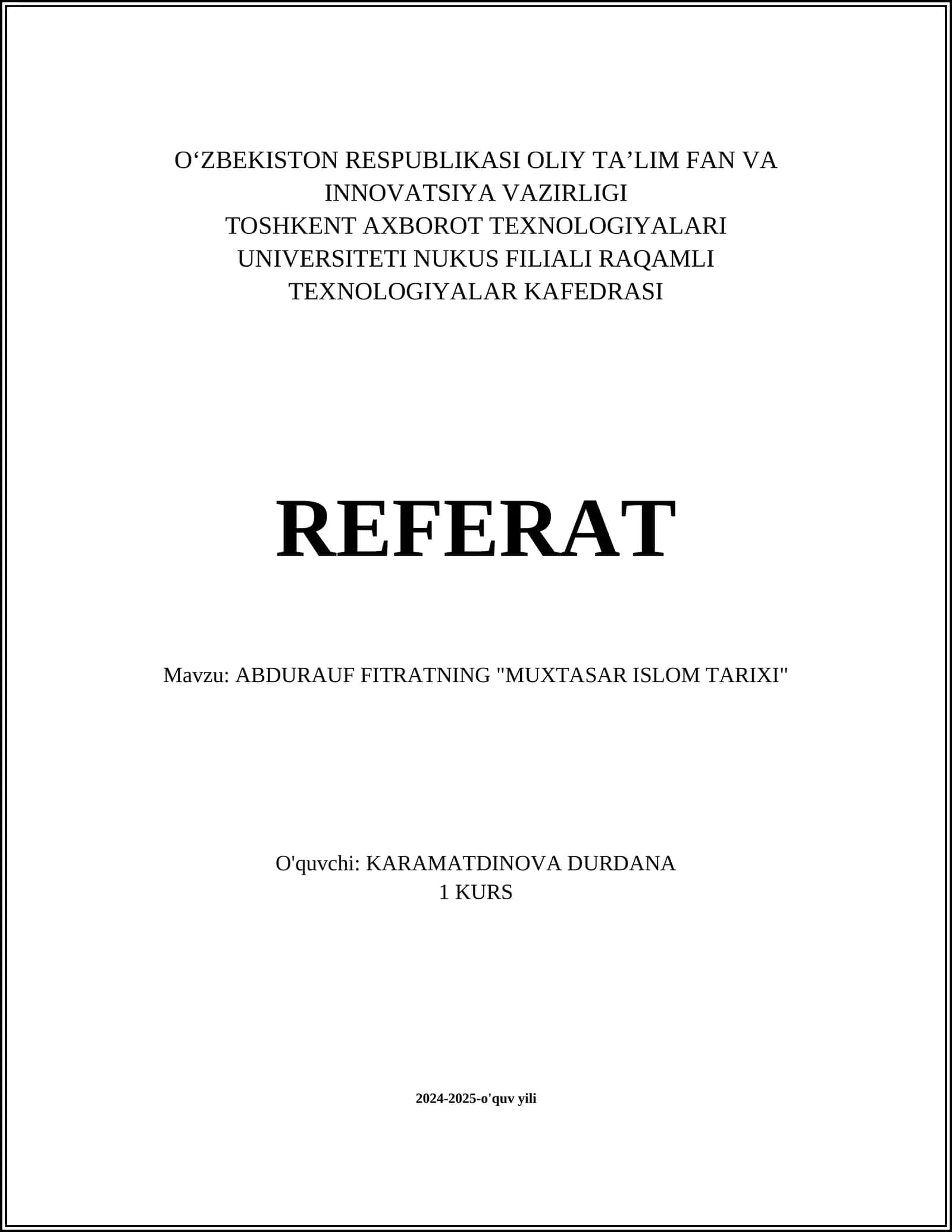 ABDURAUF FITRATNING "MUXTASAR ISLOM TARIXI" 1