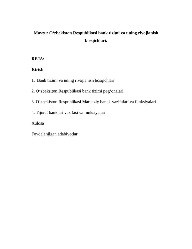 O‘zbekiston Respublikasi bank tizimi va uning rivojlanish bosqichlari 1