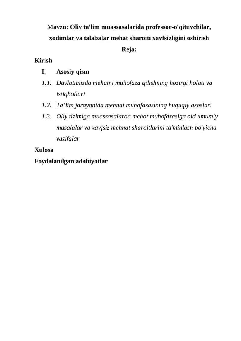 Oliy ta'lim muassasalarida professor-o'qituvchilar, xodimlar va talabalar mehat sharoiti xavfsizligini oshirish 1