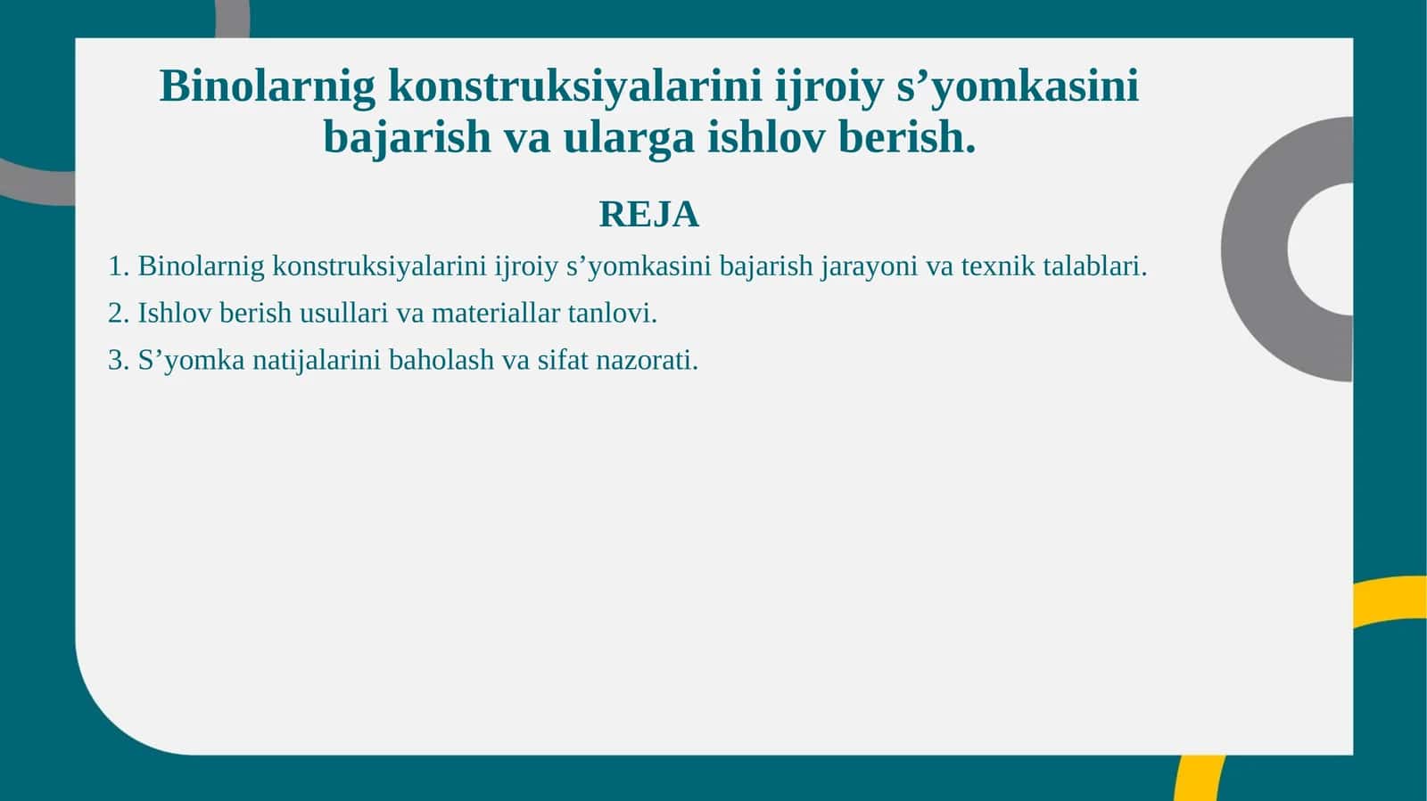 Binolarnig konstruksiyalarini ijroiy s’yomkasini bajarish va ularga ishlov berish. 1