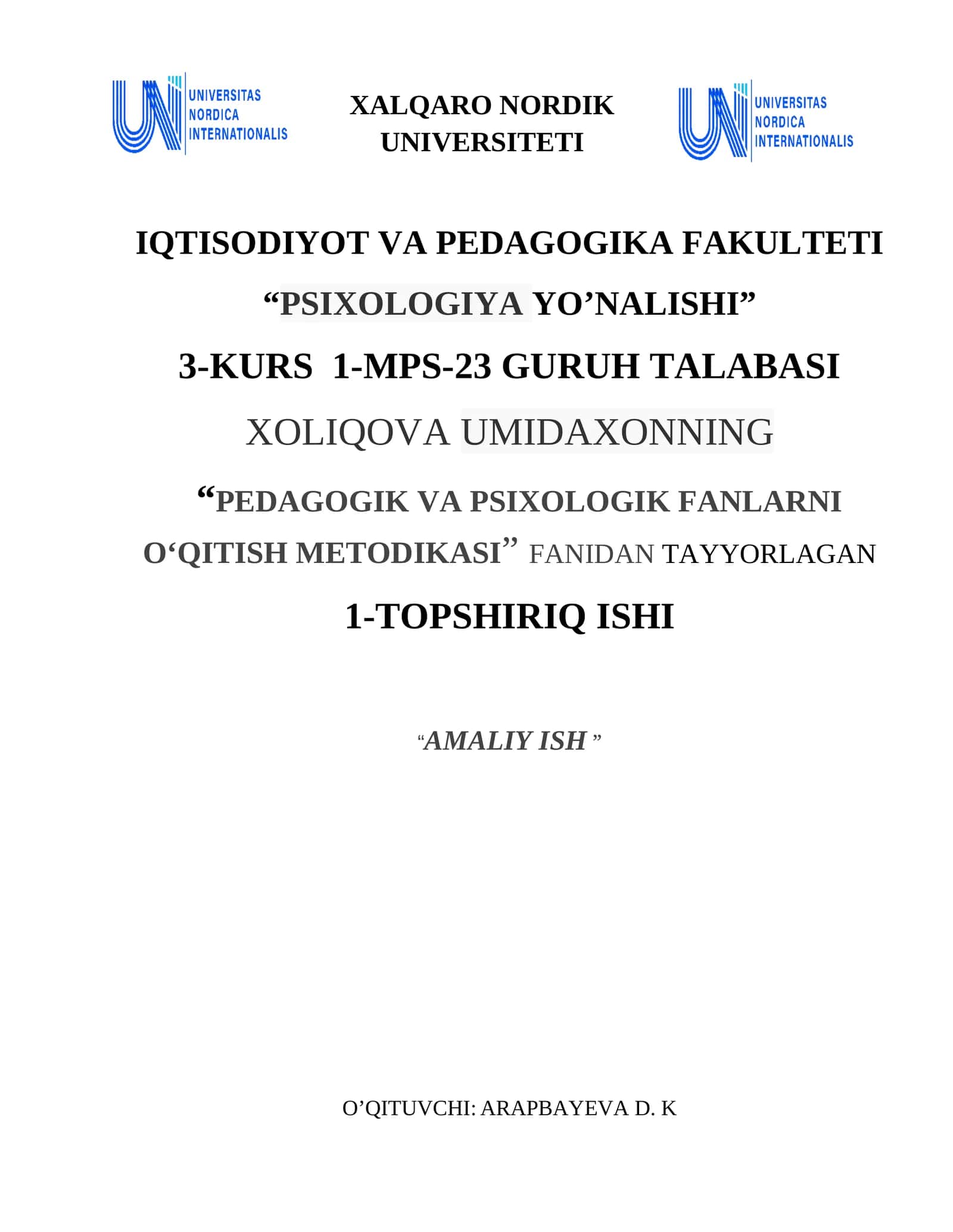 PEDAGOGIK VA PSIXOLOGIK FANLARNI O‘QITISH METODIKASI 1