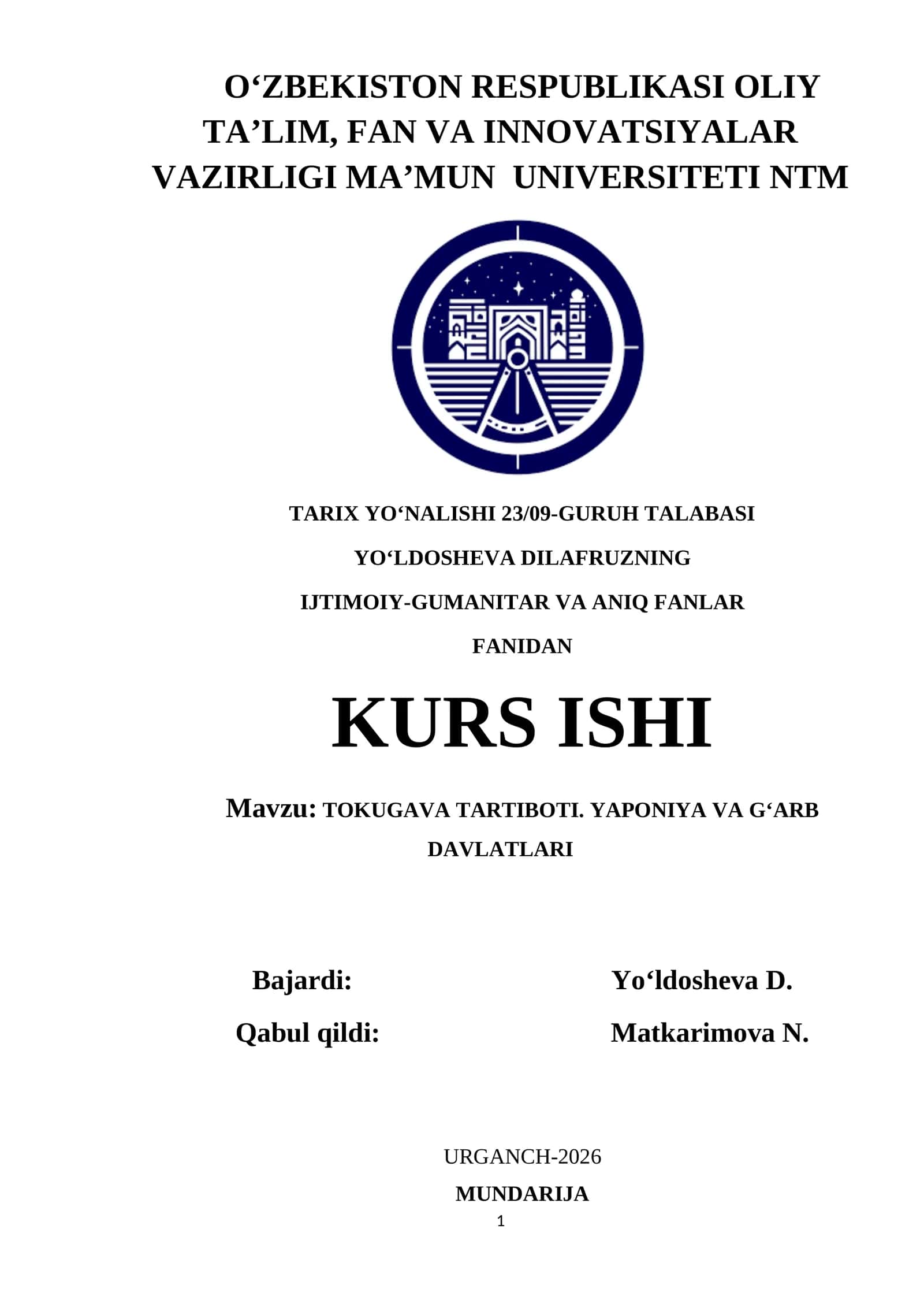 TOKUGAVA TARTIBOTI. YAPONIYA VA G‘ARB DAVLATLARI 1