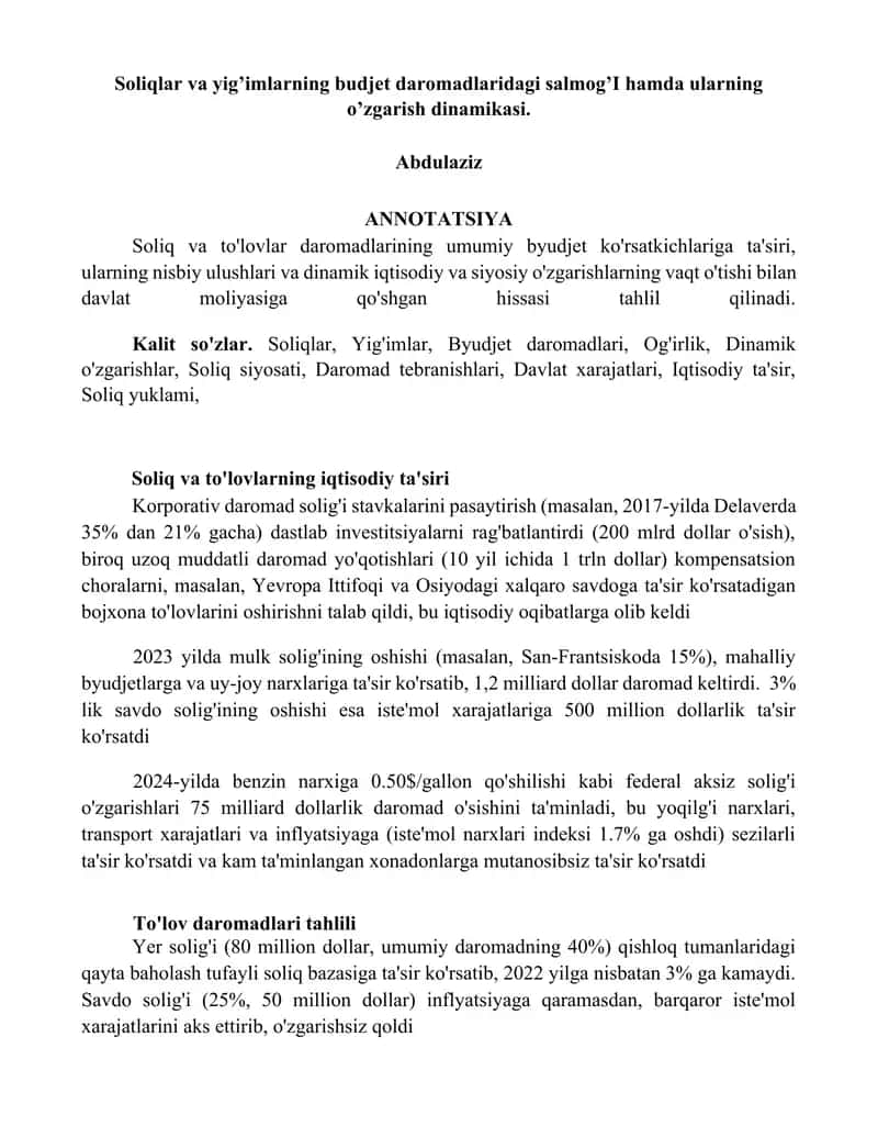Soliqlar va yig’imlarning budjet daromadlaridagi salmog’I 1