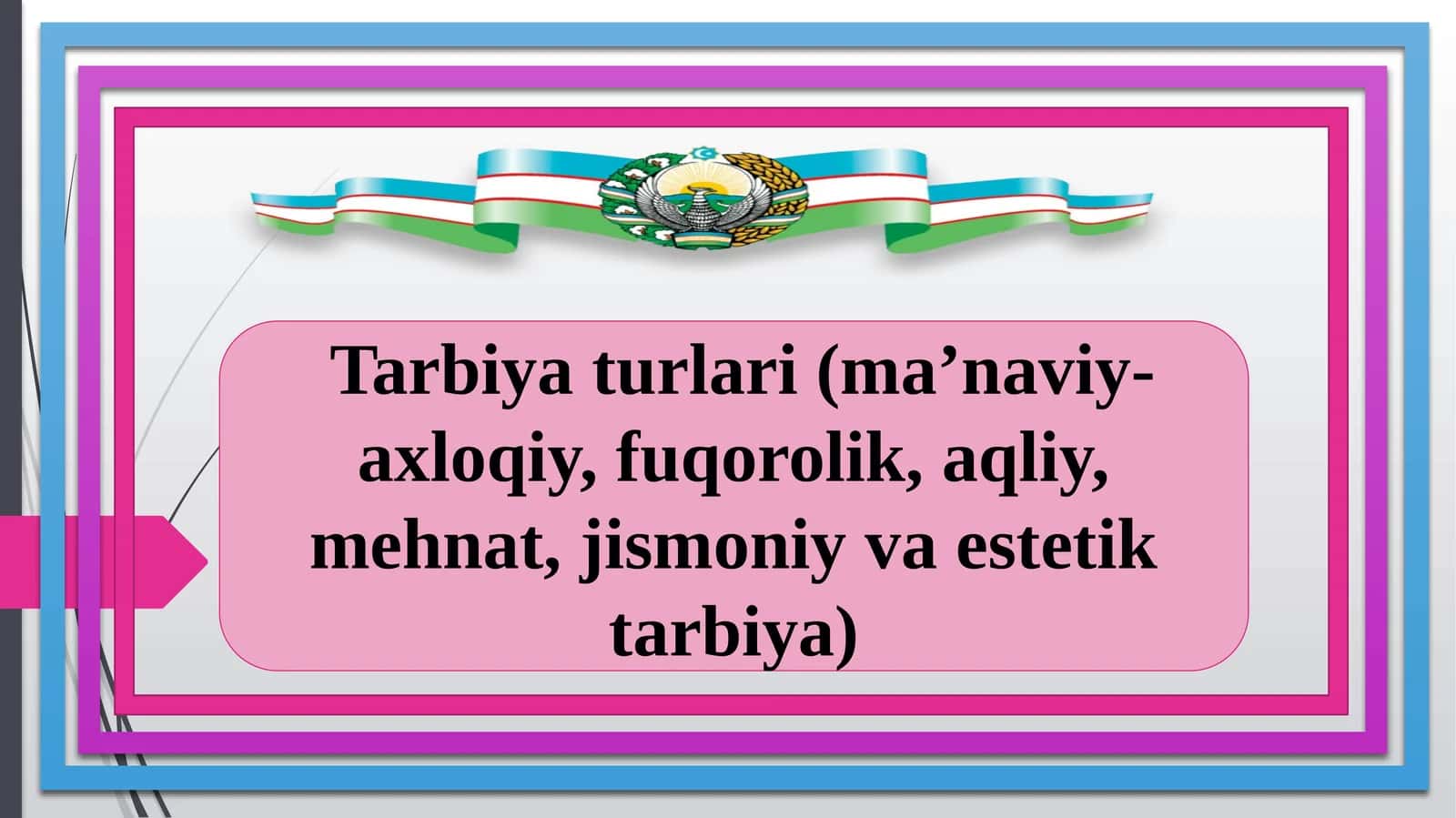 Tarbiyaturlari(ma’naviy-axloqiy,fuqorolik,aqliy,mehnat,jismoniyvaestetiktarbiya) 1