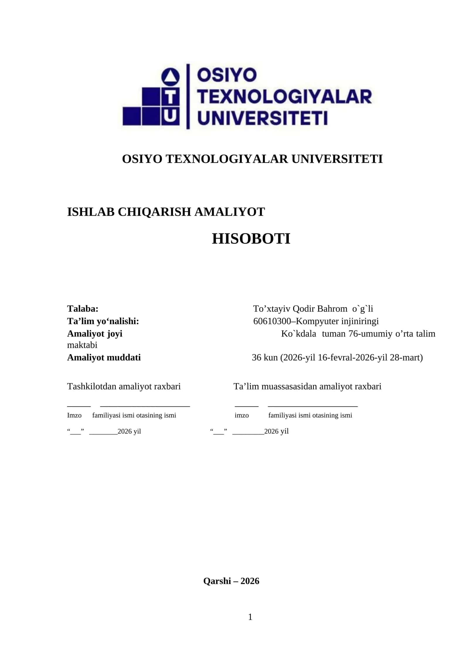 ISHLAB CHIQARISH AMALIYOT HISOBOTI 1