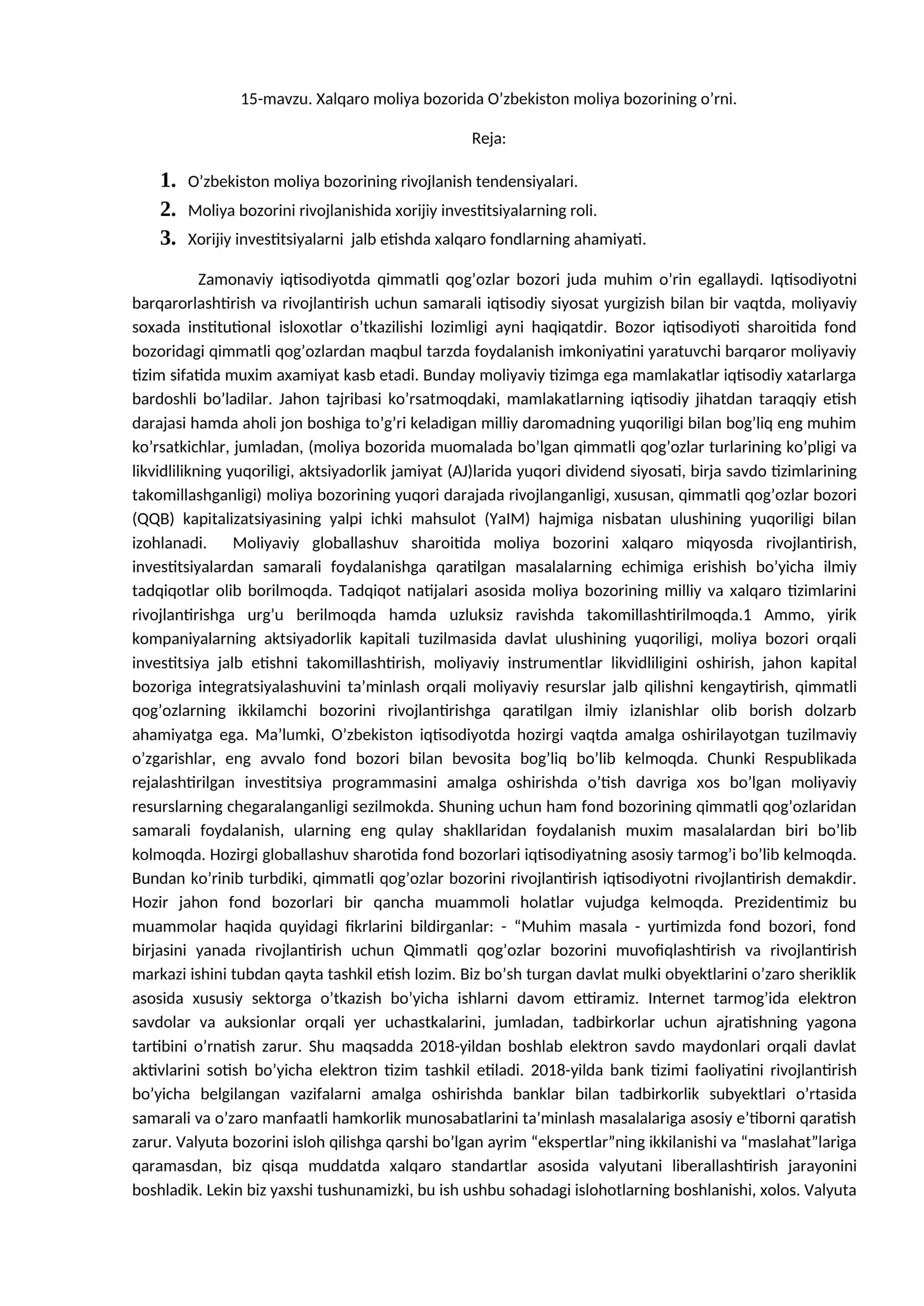 Xalqaro moliya bozorida O’zbekiston moliya bozorining o’rni 1