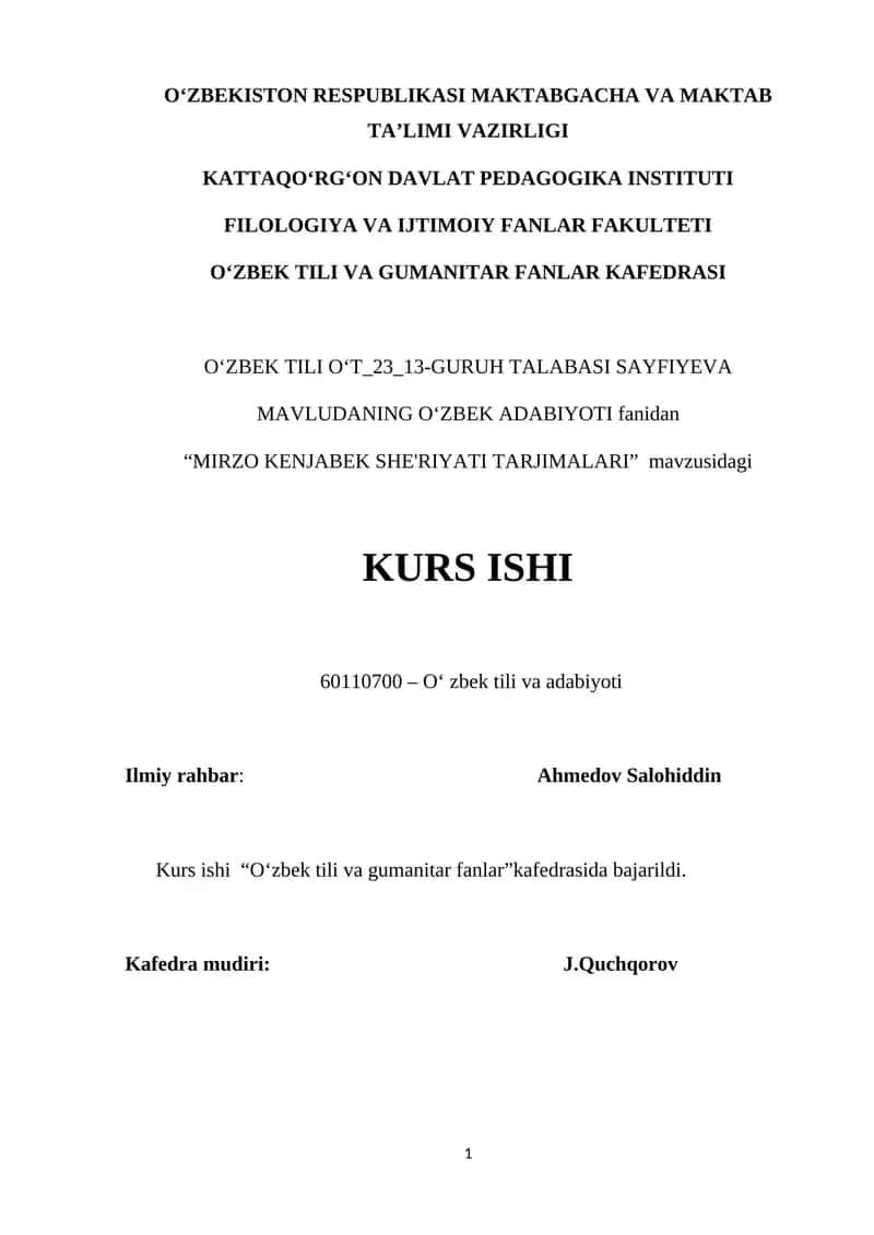 "MIRZO KENJABEK SHE'RIYATI TARJIMALARI" KURS ISHI 1