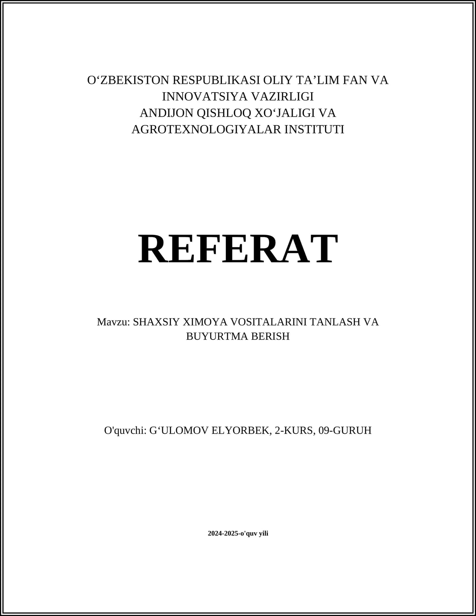 SHAXSIY XIMOYA VOSITALARINI TANLASH VA BUYURTMA BERISH 1