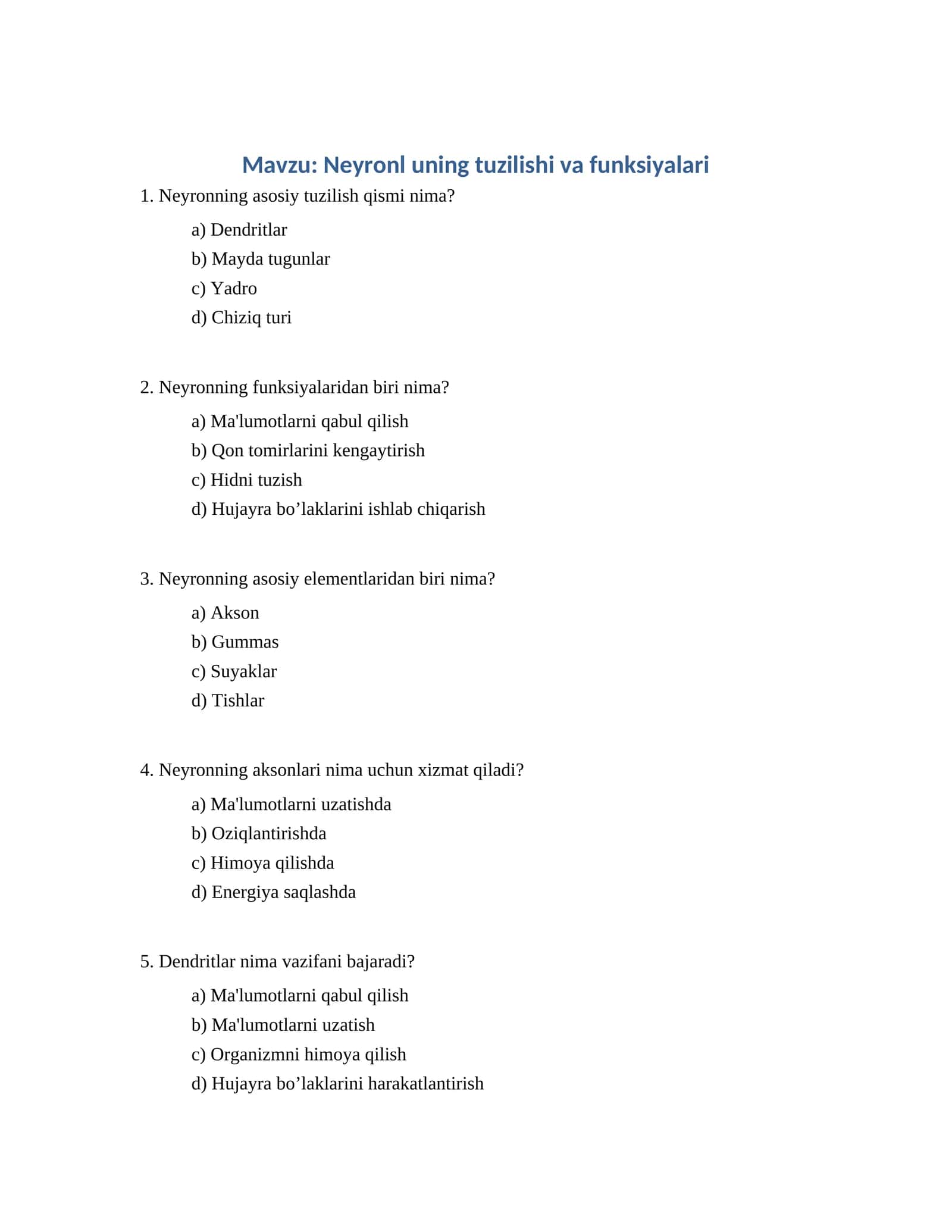 Neyronl uning tuzilishi va funksiyalari 1