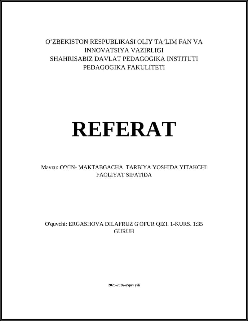 O'YIN- MAKTABGACHA TARBIYA YOSHIDA YITAKCHI FAOLIYAT SIFATIDA 1
