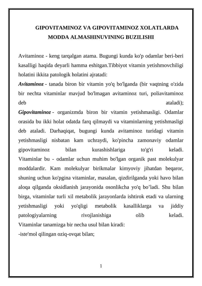 Avitaminoz va Gipovitaminoz Xolatlarda Modda Almashinuvi 1