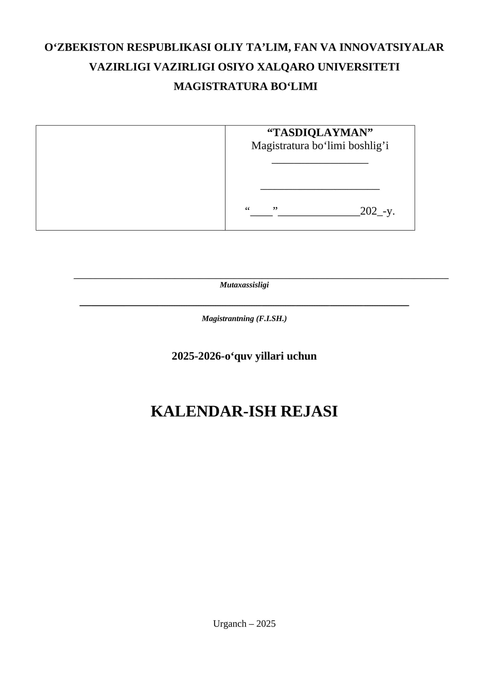 MAGISTRATURA TALABALARI SHAXSIY ISH REJASI 1