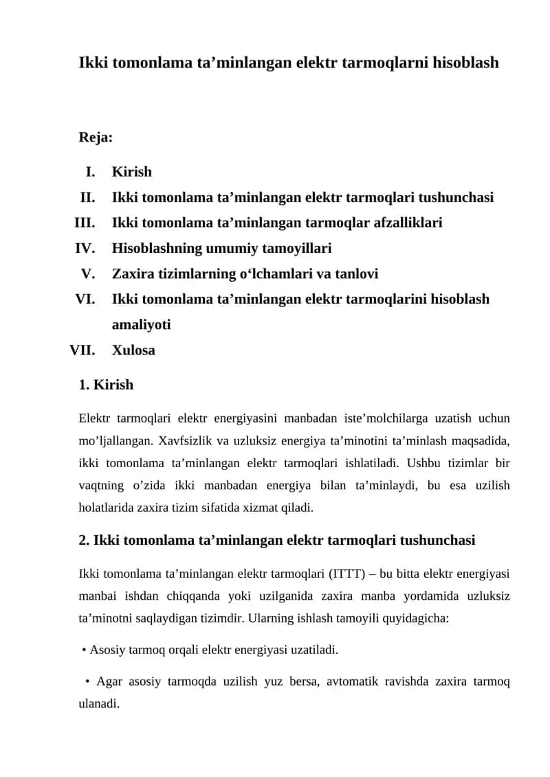 Ikki tomonlama ta’minlangan elektr tarmoqlarni hisoblash 1