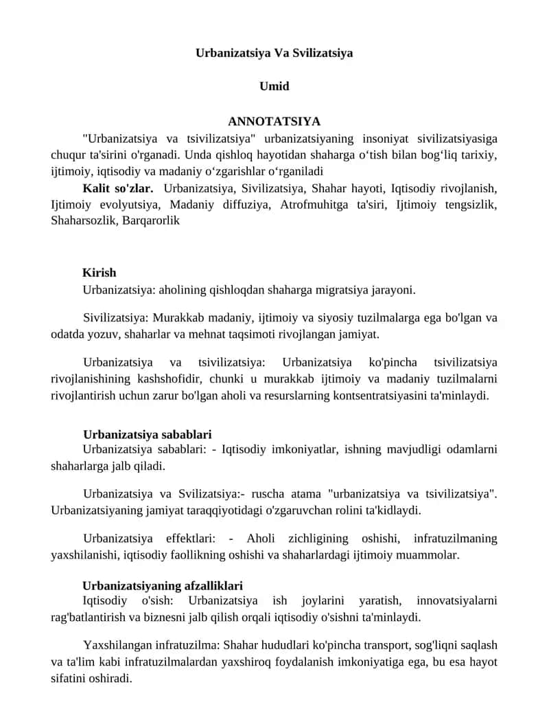 Urbanizatsiya Va Sivilizatsiya 1