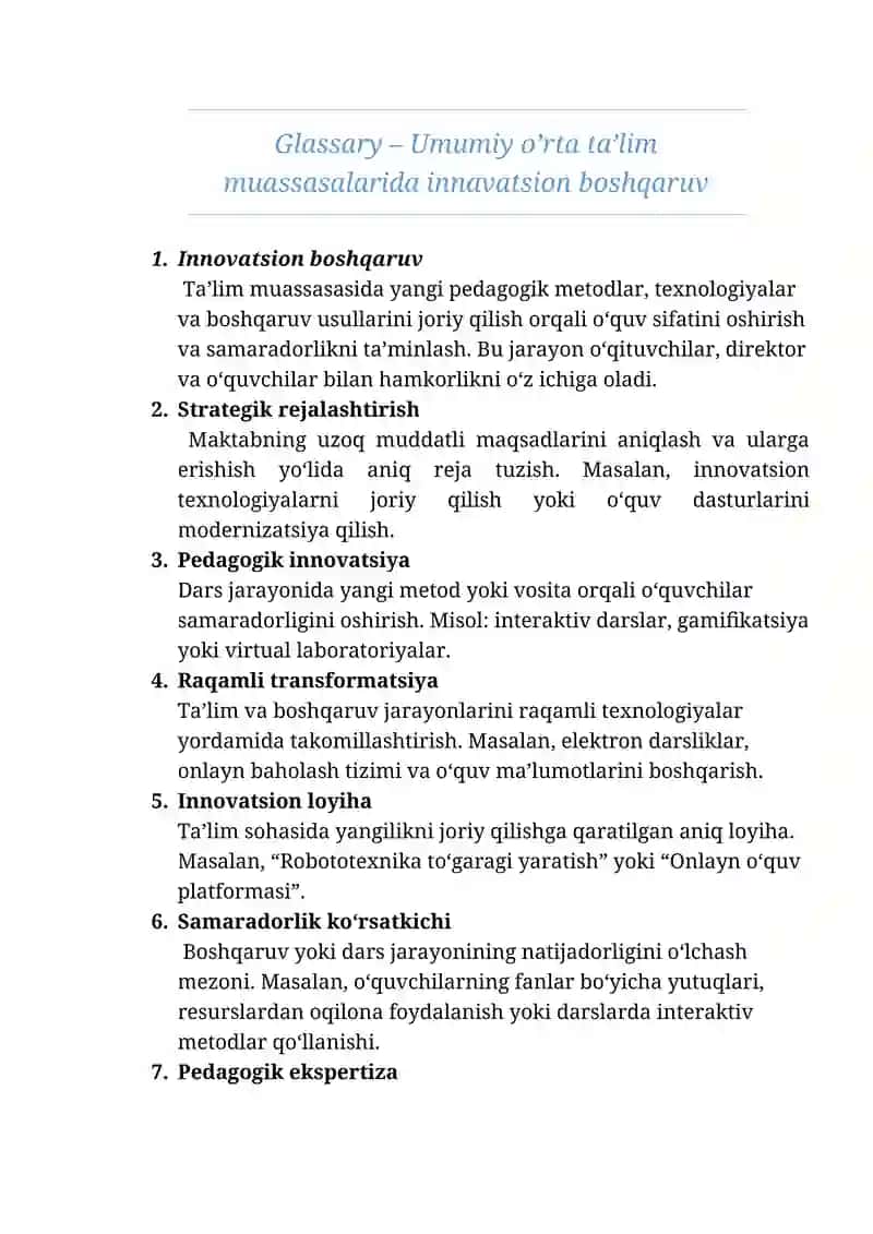 Glassary – Umumiy o’rta ta’lim muassasalarida innavatsion boshqaruv
