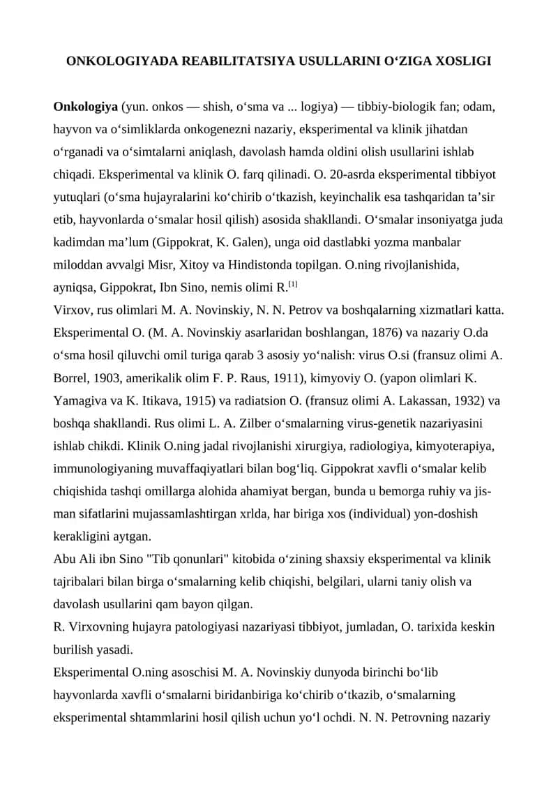 ONKOLOGIYADA REABILITATSIYA USULLARINI O‘ZIGA XOSLIGI 1