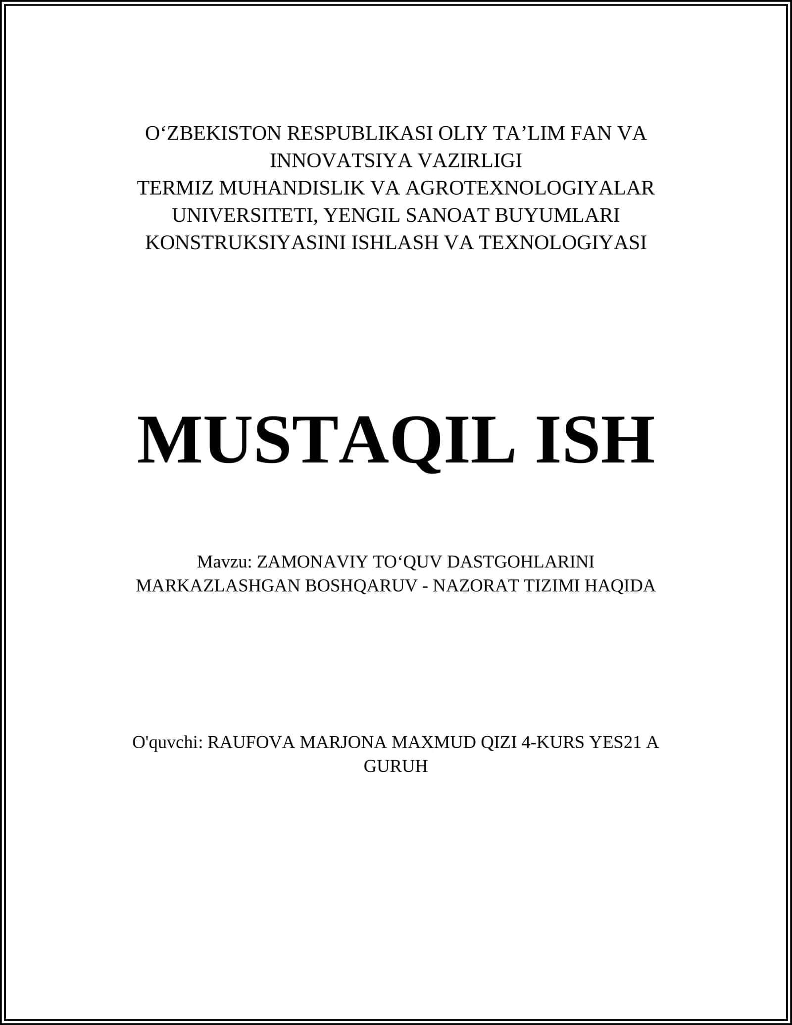 ZAMONAVIY TOʻQUV DASTGOHLARINI MARKAZLASHGAN BOSHQARUV - NAZORAT TIZIMI HAQIDA 1