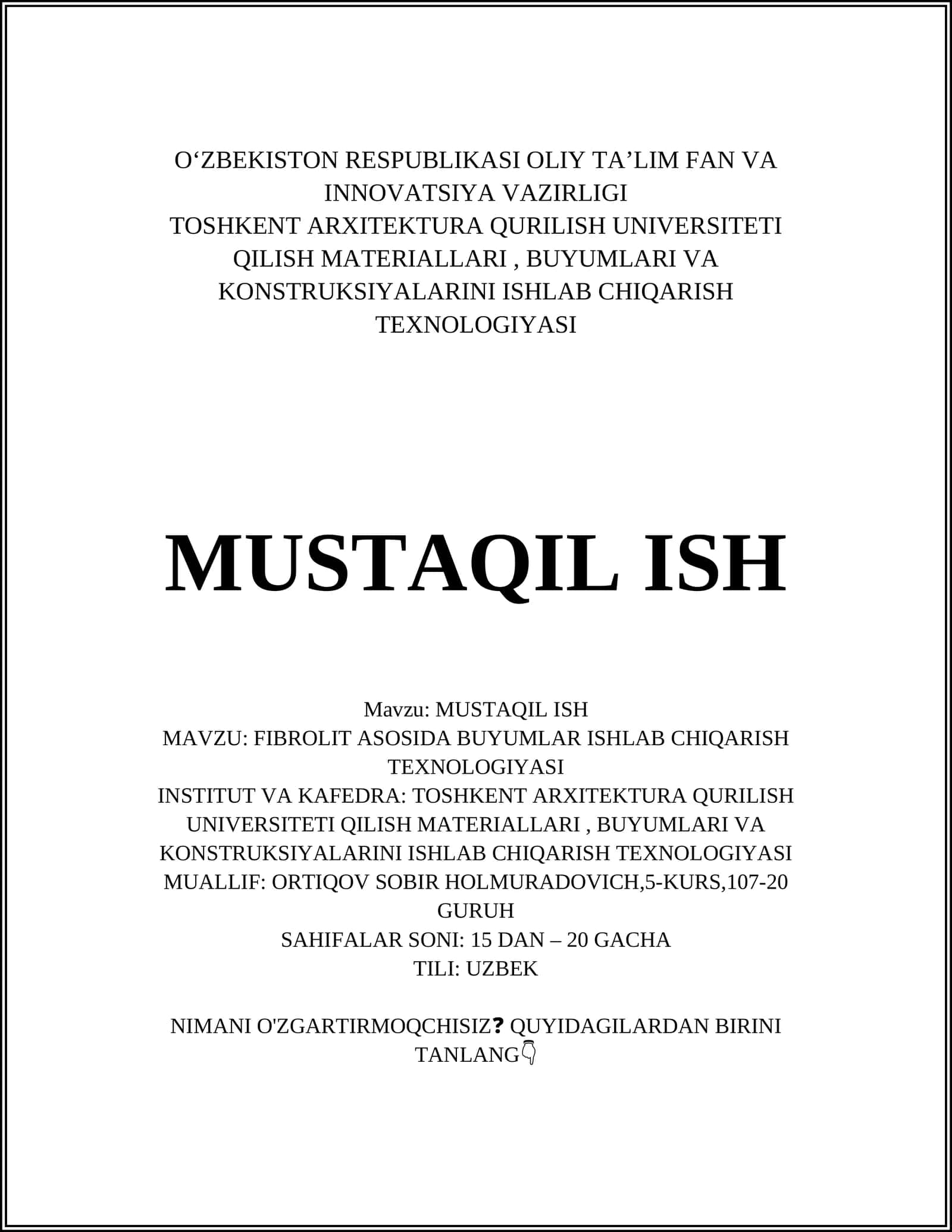 FIBROLIT ASOSIDA BUYUMLAR ISHLAB CHIQARISH TEXNOLOGIYASI 1