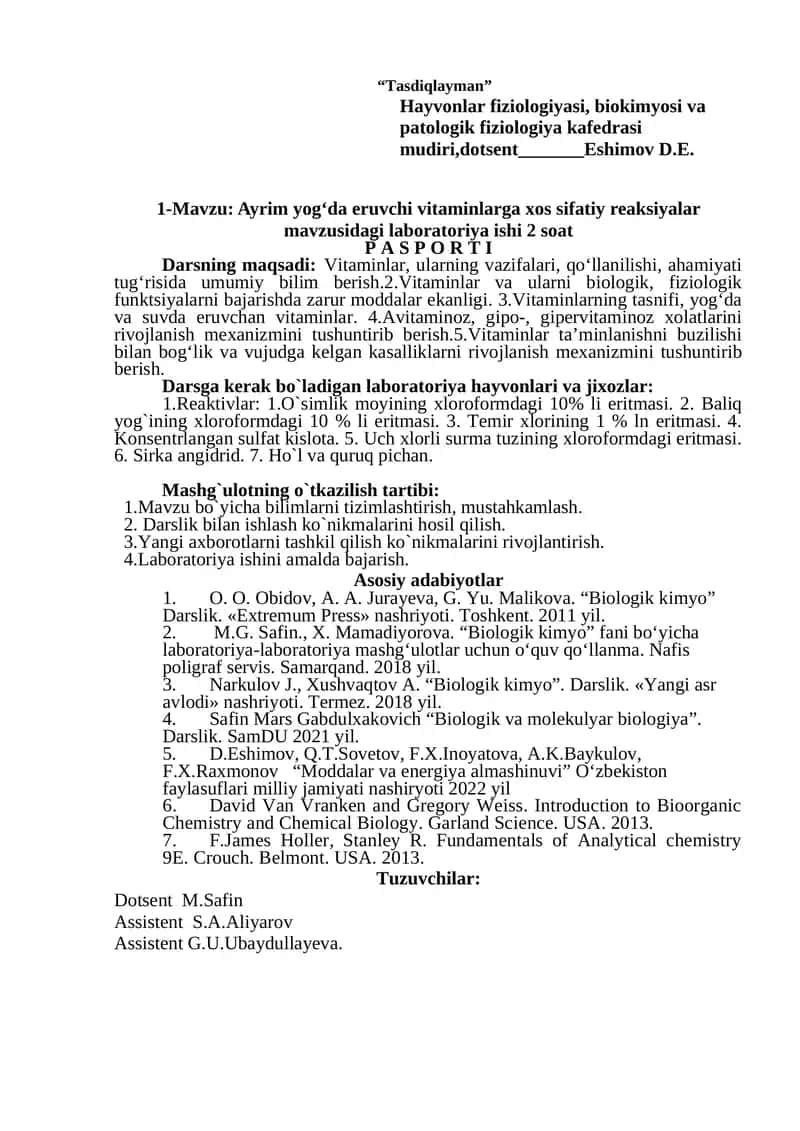 Hayvonlar fiziologiyasi, biokimyosi va patologik fiziologiya kafedrasi mudiri 1