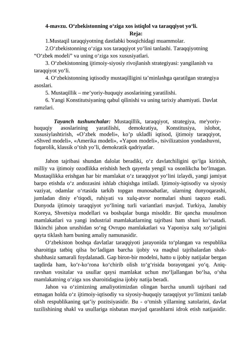O‘zbekistonning o‘ziga xos istiqlol va taraqqiyot yo‘li 1