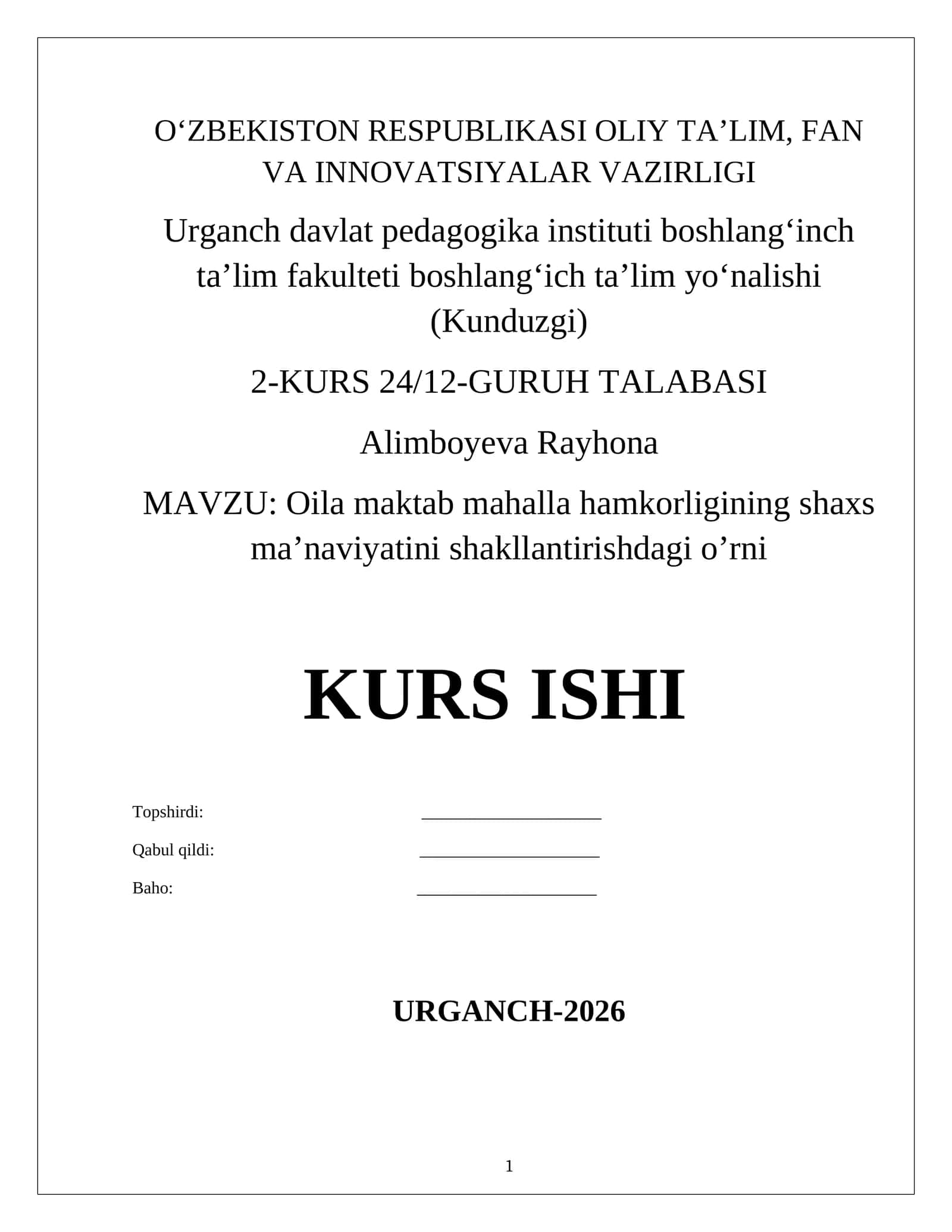 Oila maktab mahalla hamkorligining shaxs ma’naviyatini shakllantirishdagi o’rni 1
